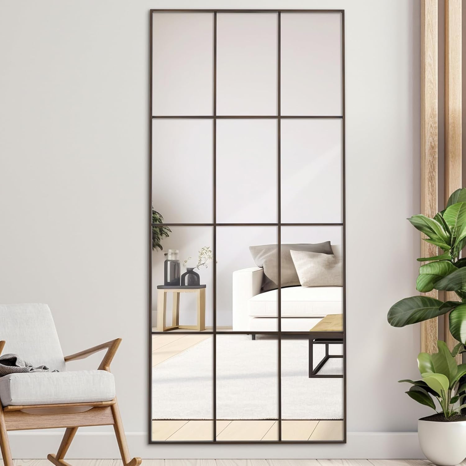 Full Length Windowpane Mirror 71"x30" - Vintage Distressed Faded Bronze Frame for Stylish Home Decor in Living Room, Bedroom, Hallway, and Entrance