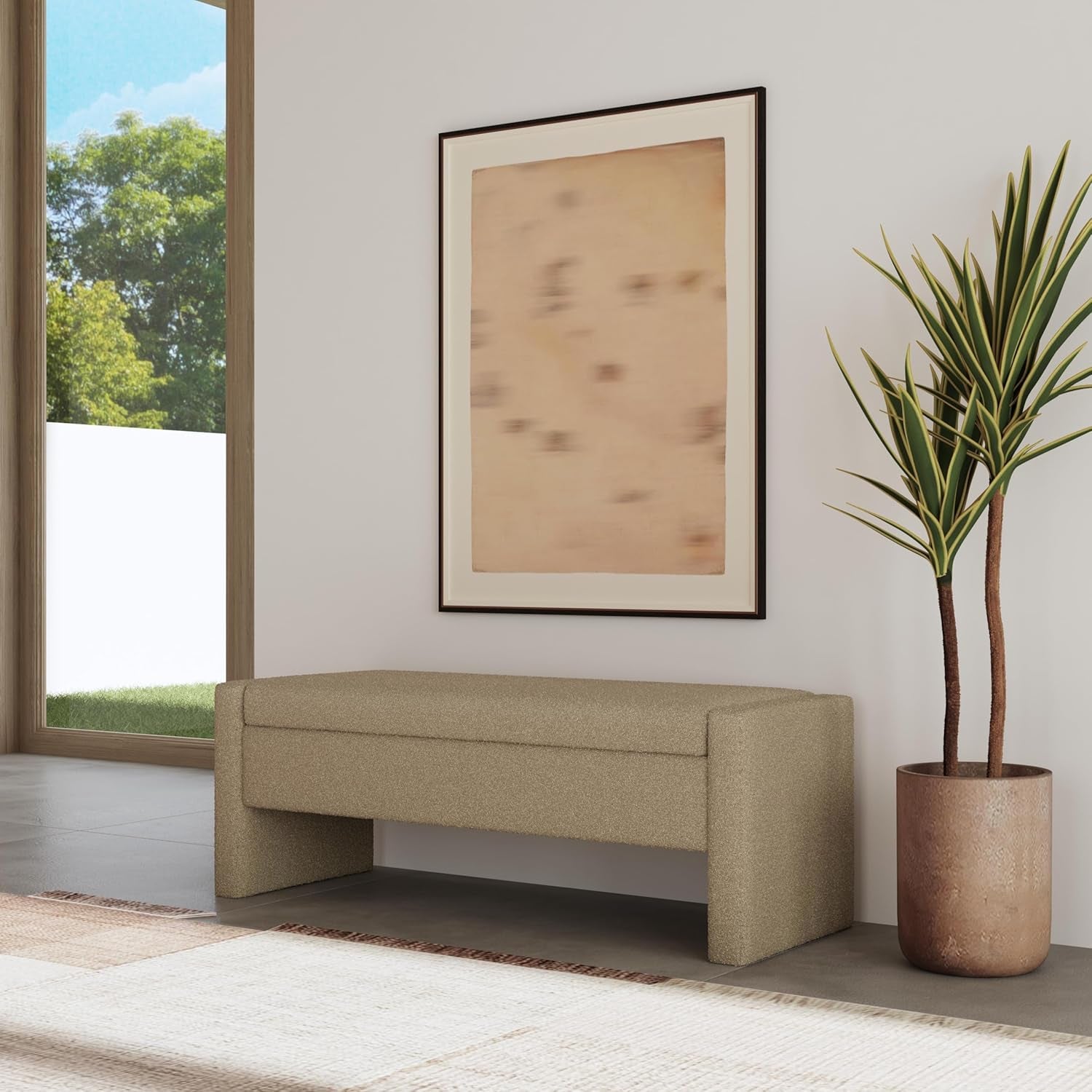 Copenhagen Contemporary Storage Bench for Living Room and Bedroom - Brown Boucle Upholstery
