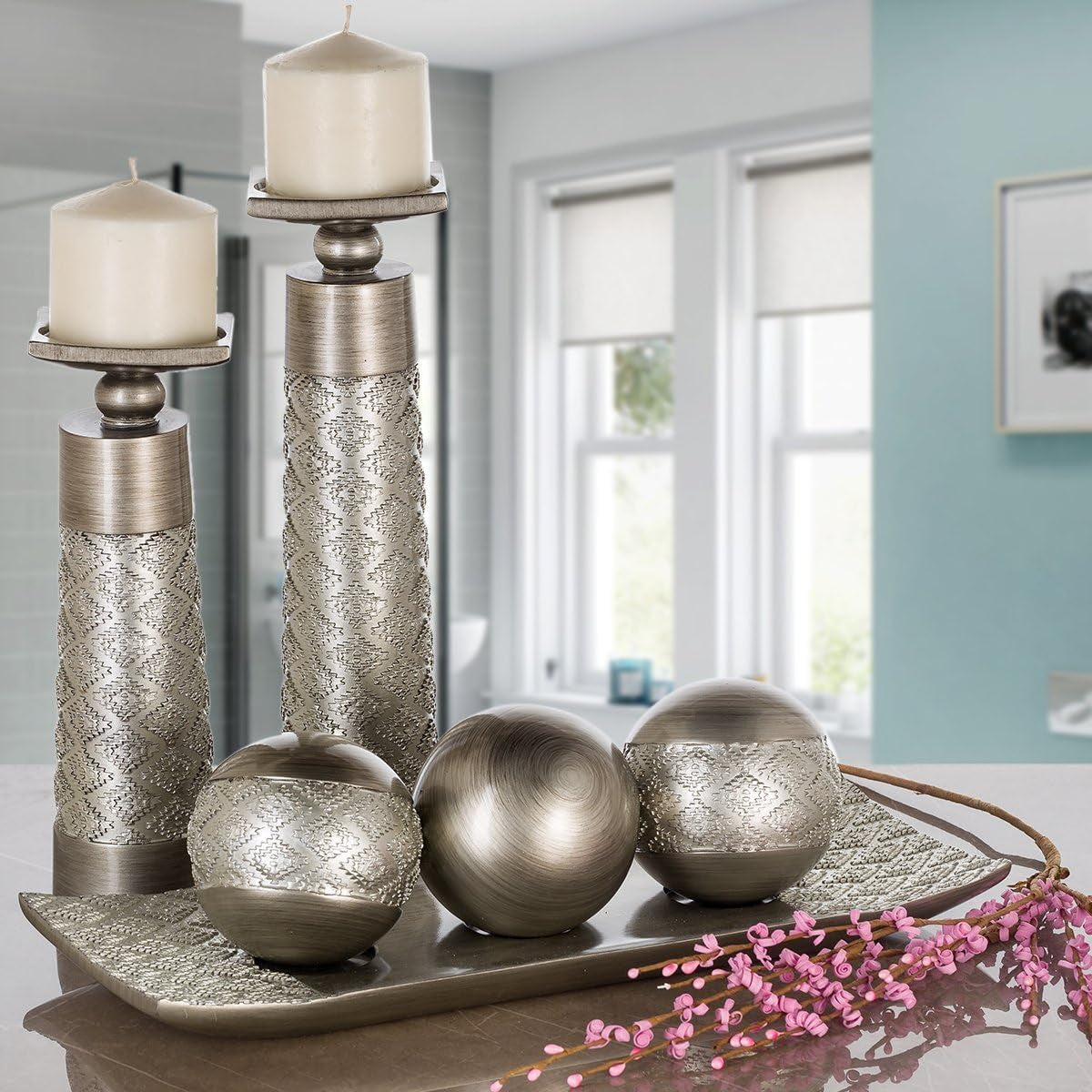 Dublin Silver Decorative Candle Holder Set (2) - Elegant Pillar Candle Stands for Home Decor, Centerpieces for Living Room or Dining Table, Gift Boxed