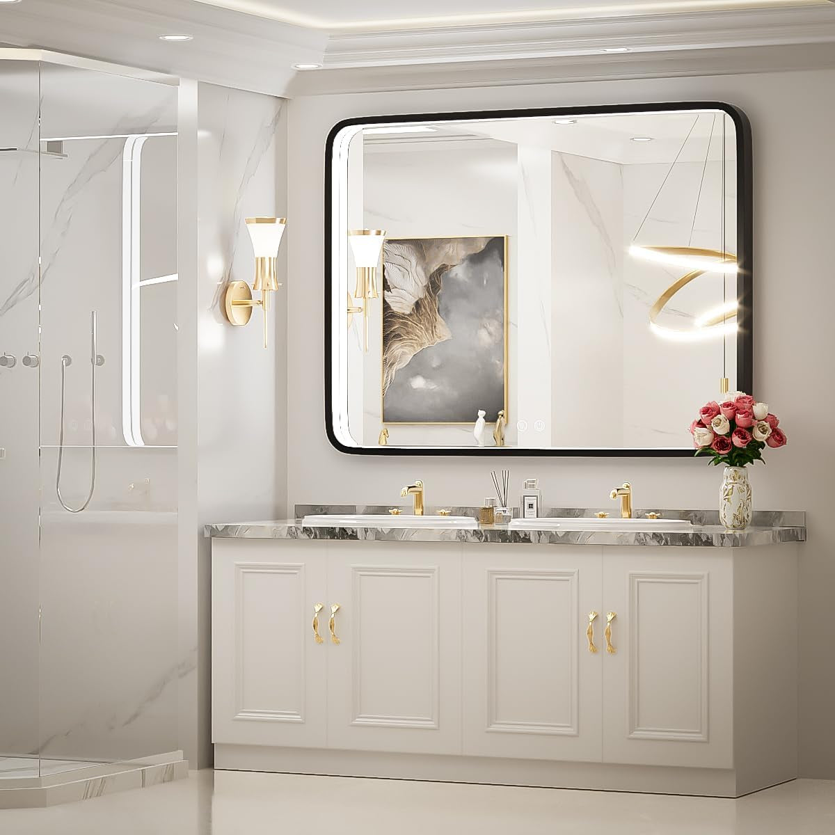 40x30 Inch Black LED Vanity Mirror with Metal Frame, Anti-Fog, Dimmable Touch Control, Wall-Mounted for Horizontal/Vertical Display, Ideal for Bathroom Decor