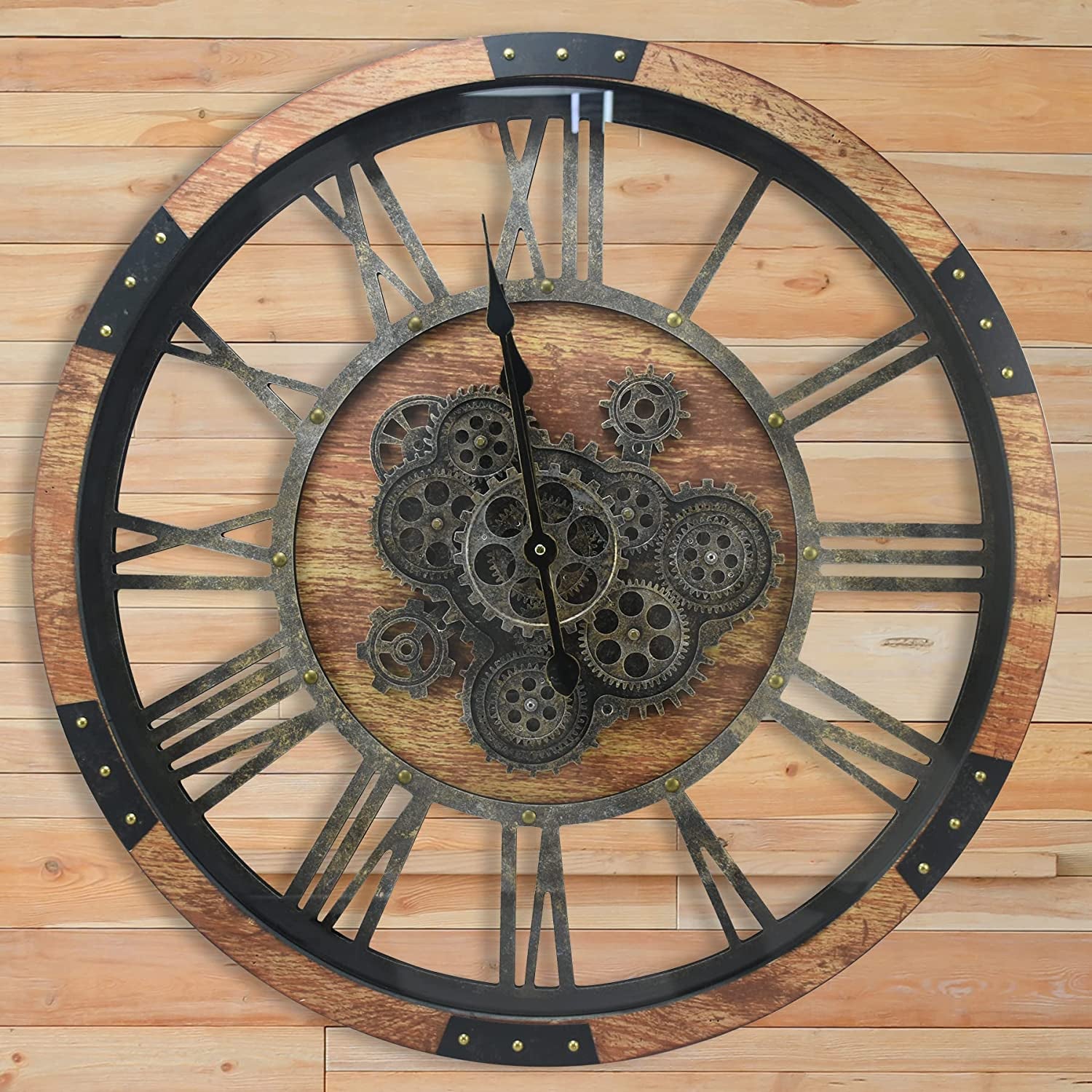 Oversized 30" Wall Clock with Real Moving Gears - Rustic Industrial Solid Wood Decor for Living Room and Home Office in Brown and Vintage Bronze