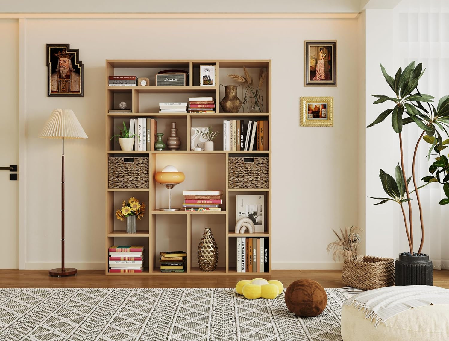 Stylish 71" Wooden Bookcase with 6-Tier Heavy Duty Shelving & Foldable Baskets - Versatile Storage Solution for Living Room & Bedroom in Yuzu Oak Finish