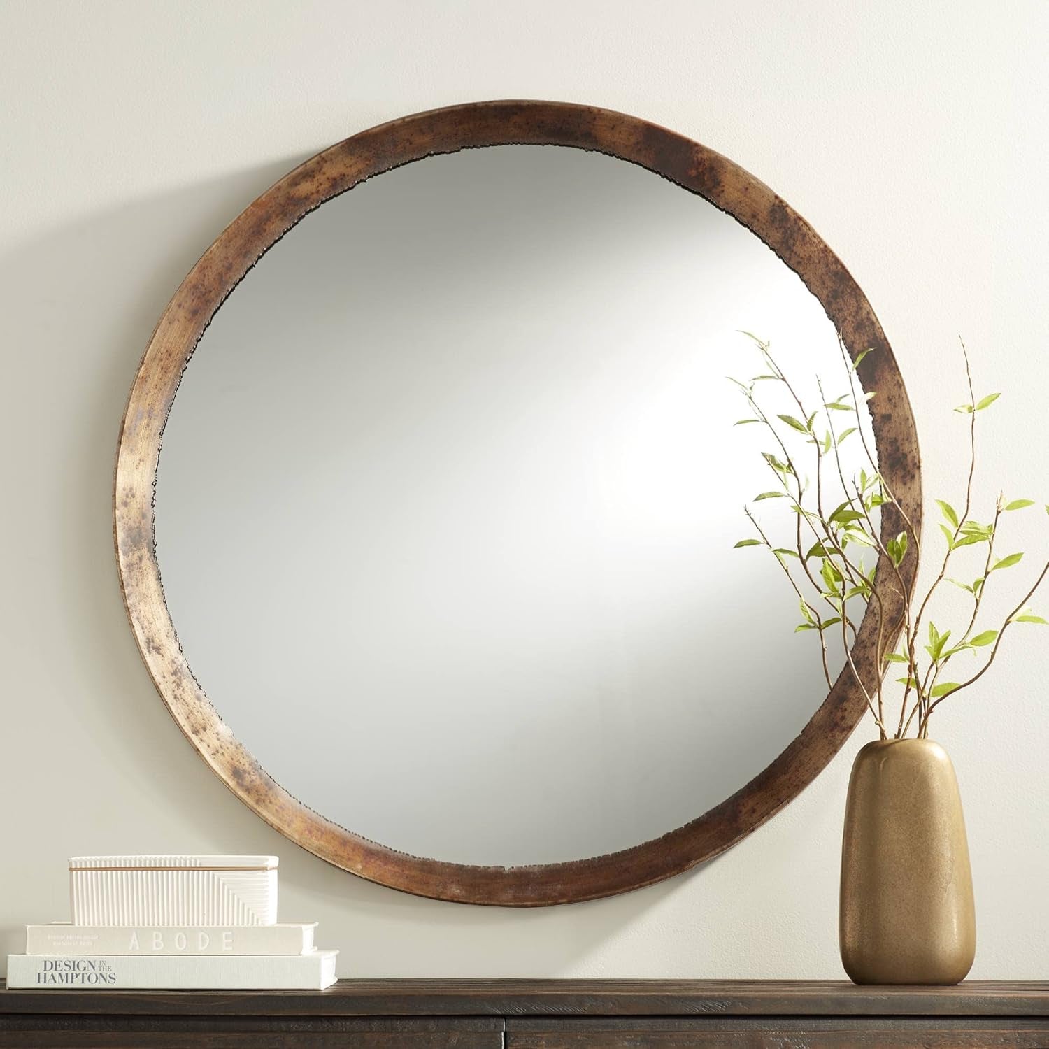 Rustic Vintage Round Wall Mirror with Hammered Metal Frame - 34" Decorative Accent for Bathroom, Bedroom, Living Room, and Entryway