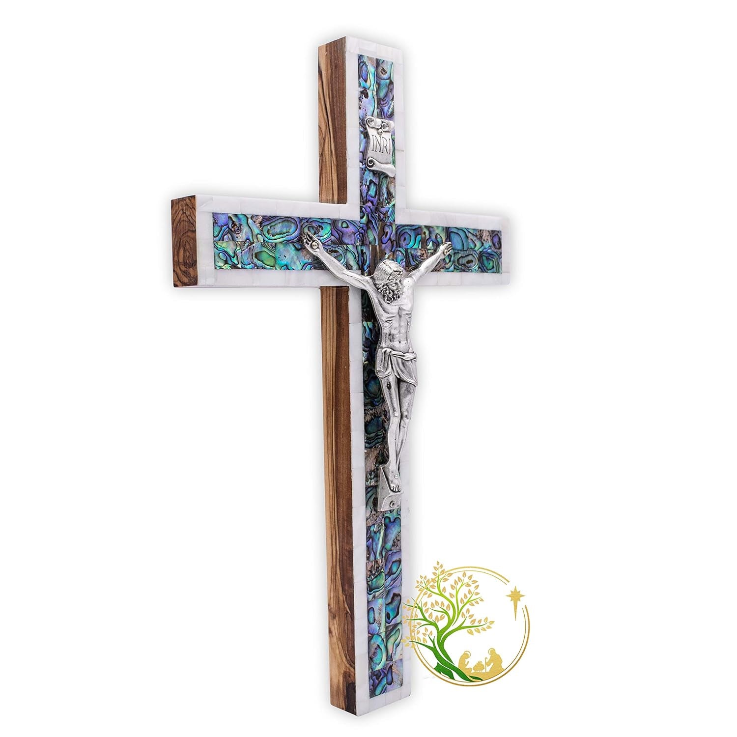 Stunning Extra Large Olivewood Crucifix with Mother of Pearl Inlay - Perfect Religious Wall Décor & Meaningful Gift for All Occasions