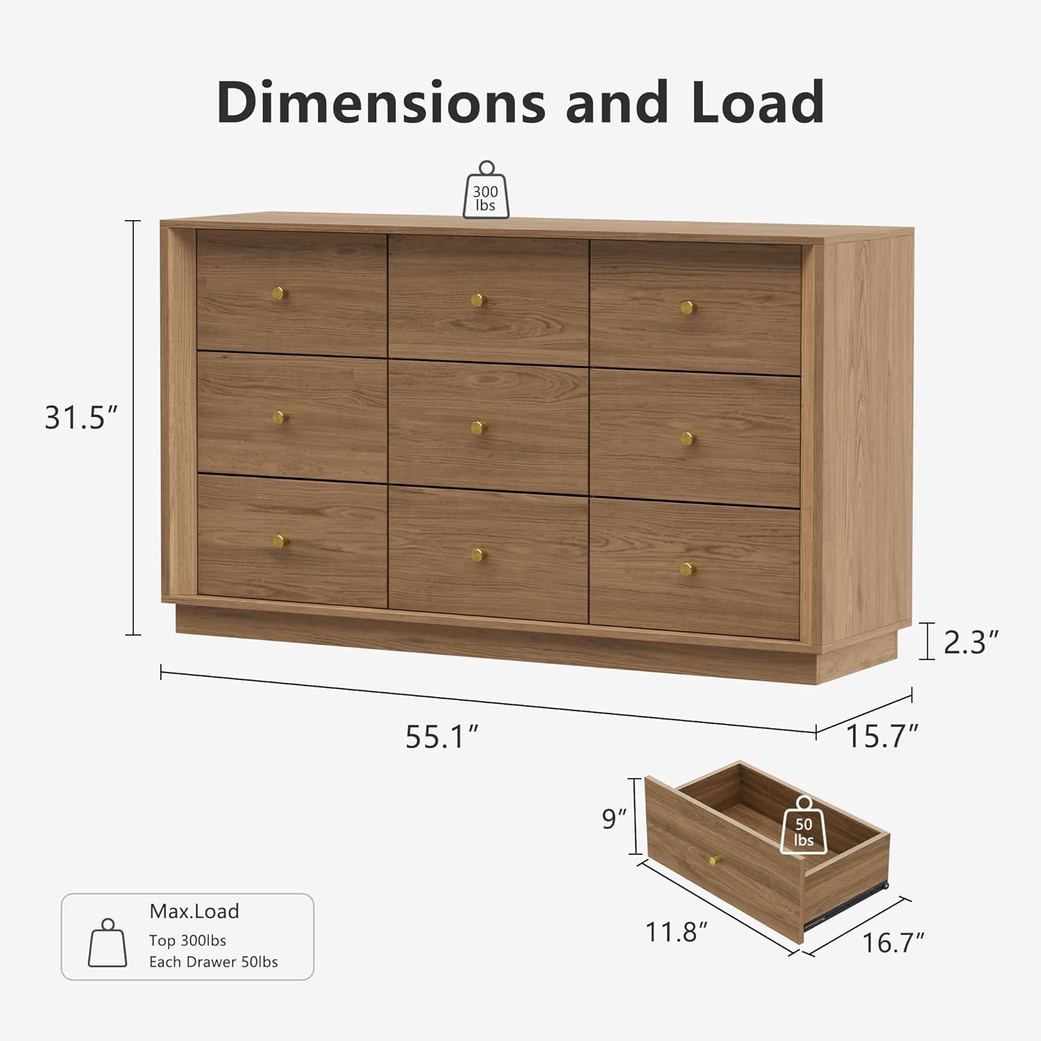 Mid Century Modern 9 Drawer Dresser - 55" Walnut Chest with Stylish Wood Grain Texture for Bedroom, Living Room & Hallway Storage