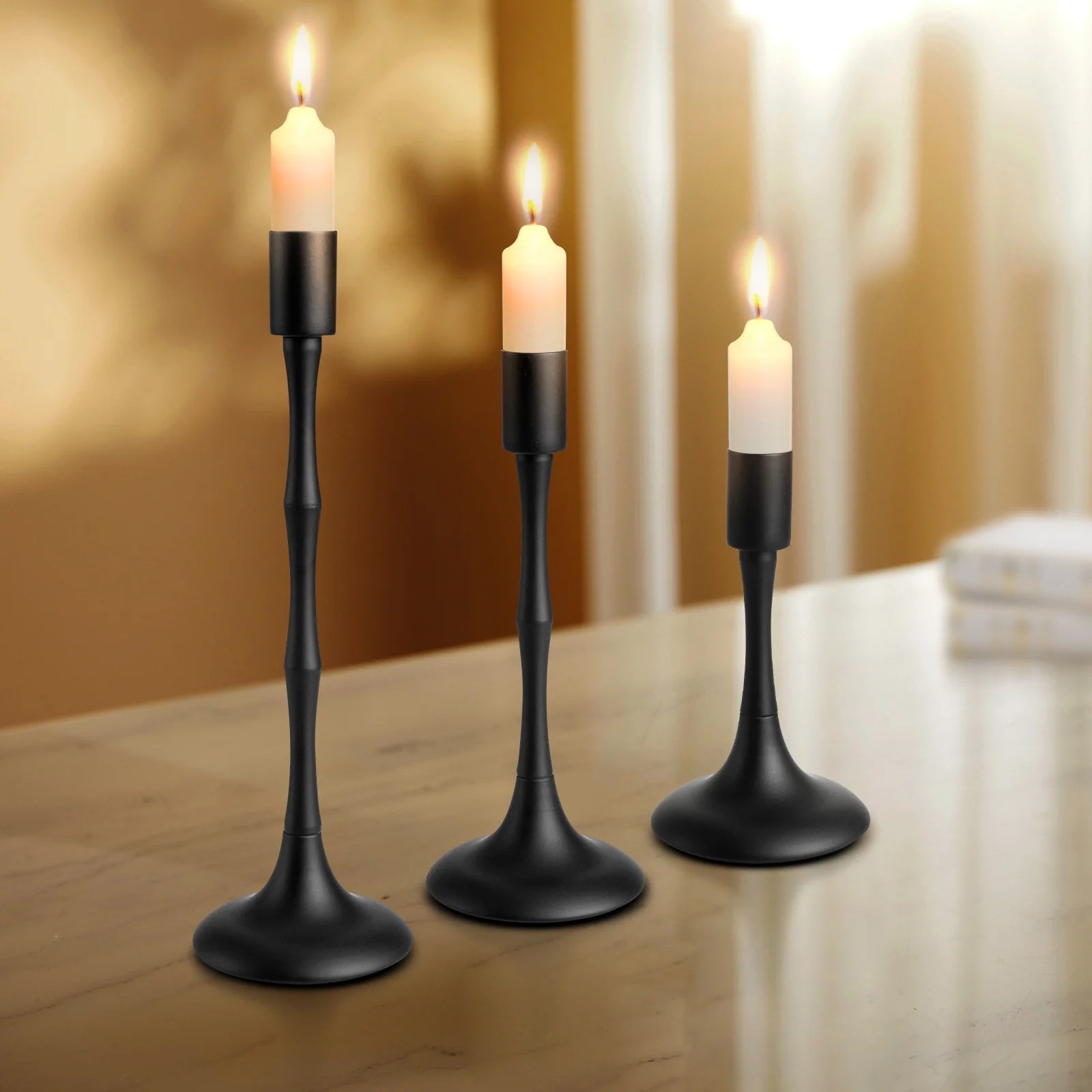 Elegant Black Metal Taper Candle Holders - Set of 3 Candelabras for Weddings, Dining & Home Decor