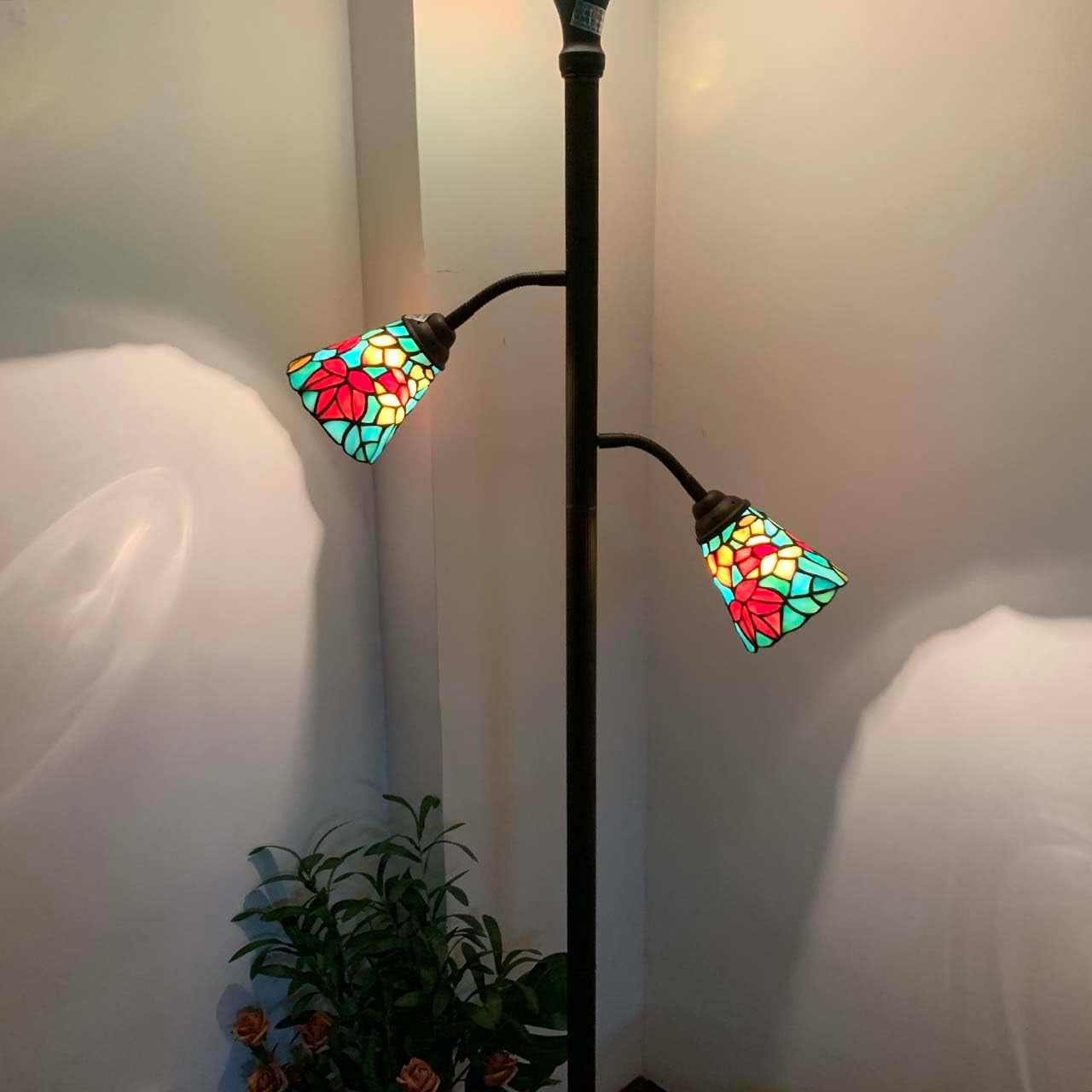 Maple Leaf Tiffany Style Stained Glass Torchiere Floor Lamp - 70-Inch Elegant Home Decor with Sidelights for Reading (Red)