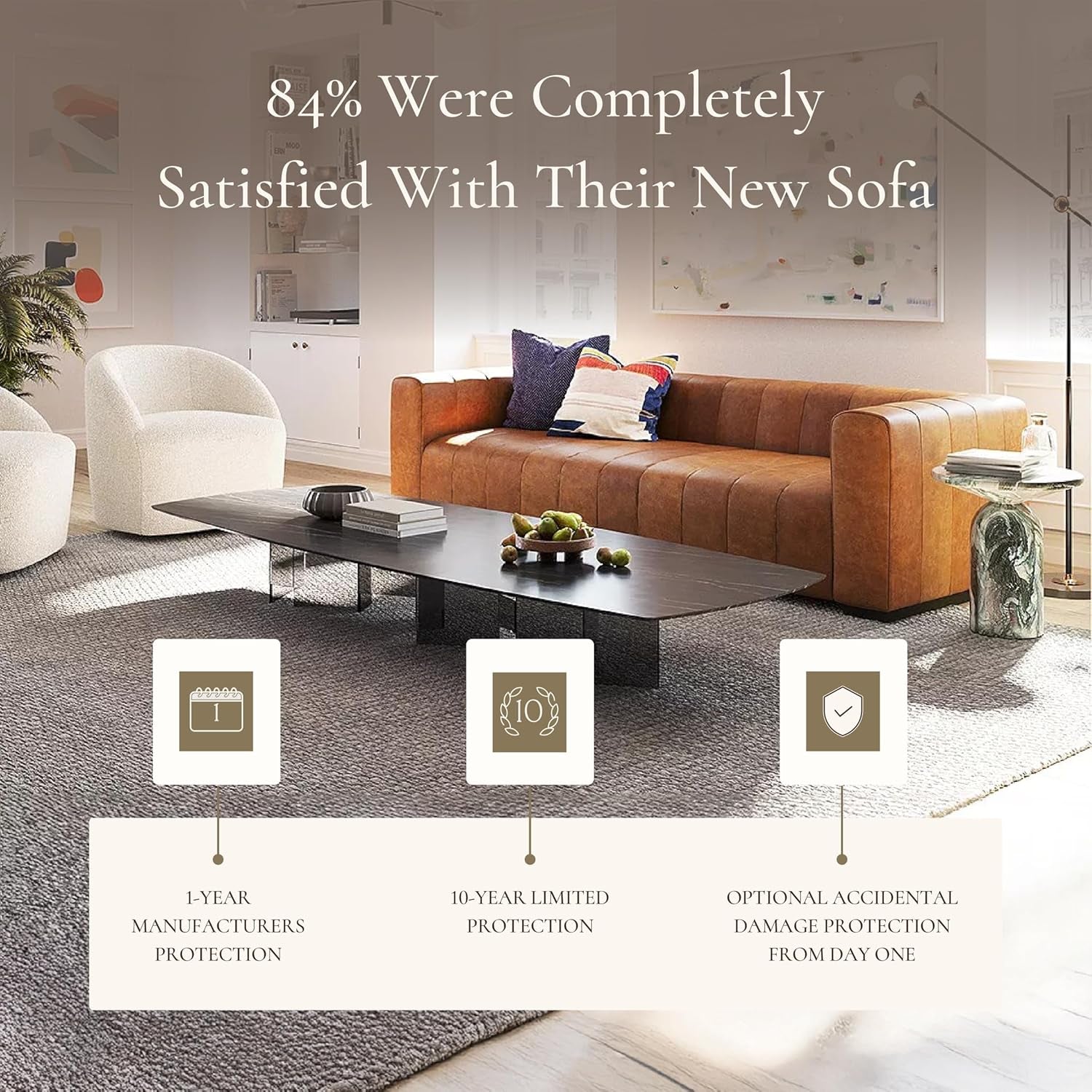 Canale 86" Full-Grain Channel Tufted Leather Couch - Luxurious Vintage Italian Leather Sofa in Cognac Tan for Your Living Room