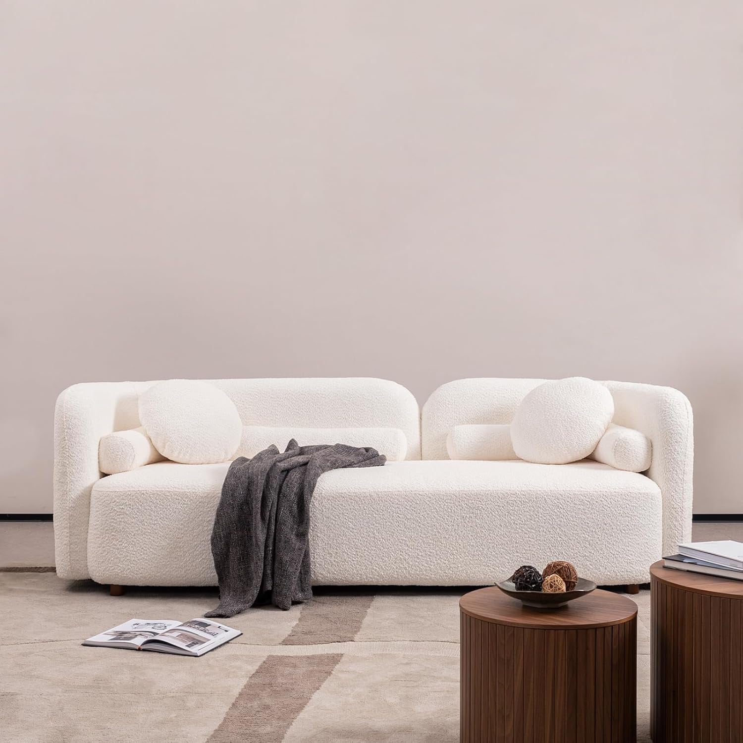 Modern White Rectangular Cloud Couch - Curved Back 3-Seater Sofa with Boucle Fabric, Solid Wood Frame & 2 Pillows - Perfect for Minimalist Living Rooms
