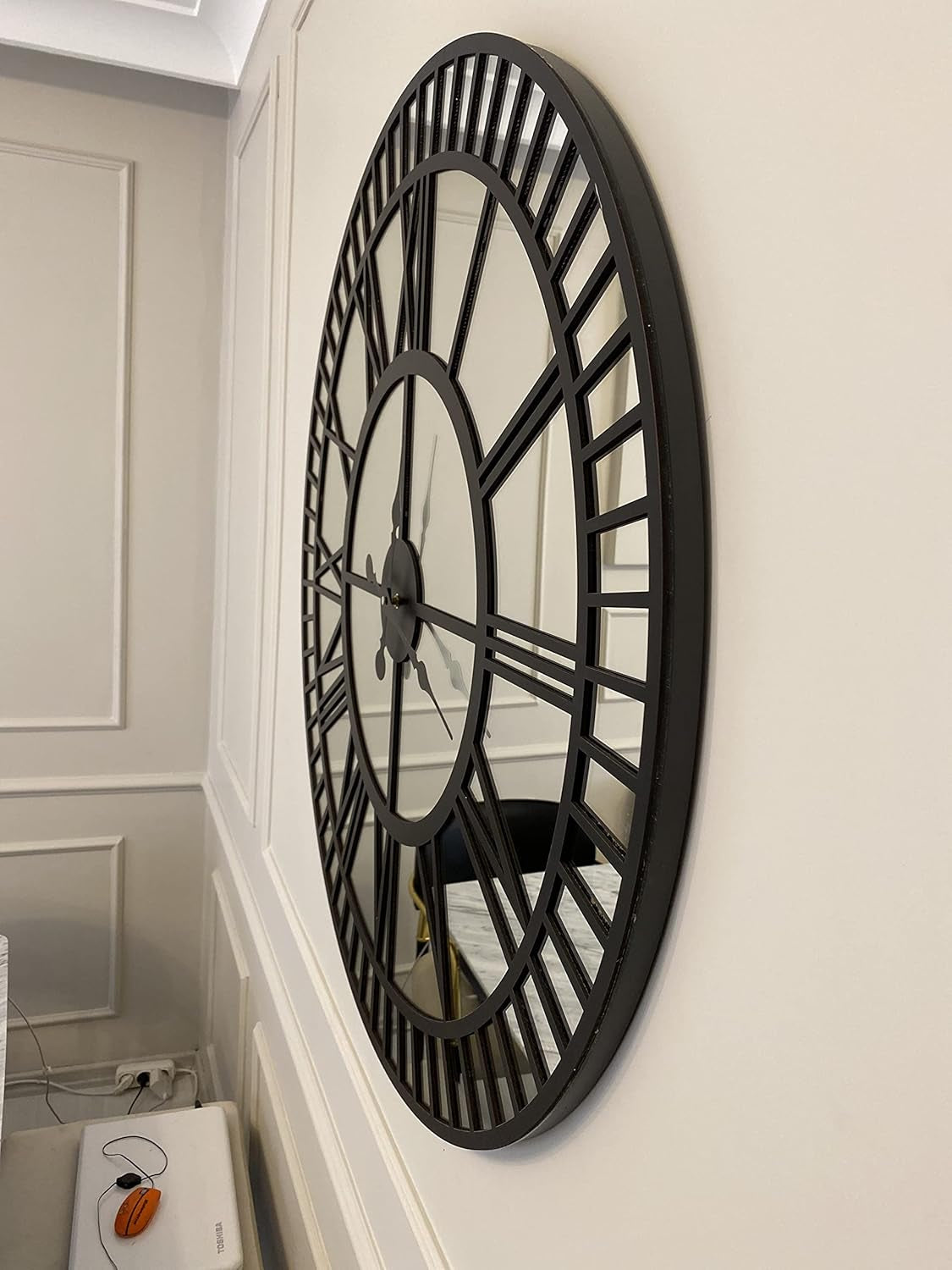 Stylish Black Large Mirror Wall Clock - Modern Silent Non-Ticking Design, 35.5 Inches, Battery Operated Home Decor, Weighs 31 lbs