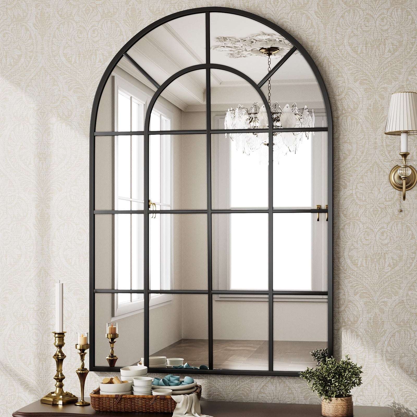 Elegant 36" X 24" Arched Black Windowpane Wall Mirror - Stylish Home Decor