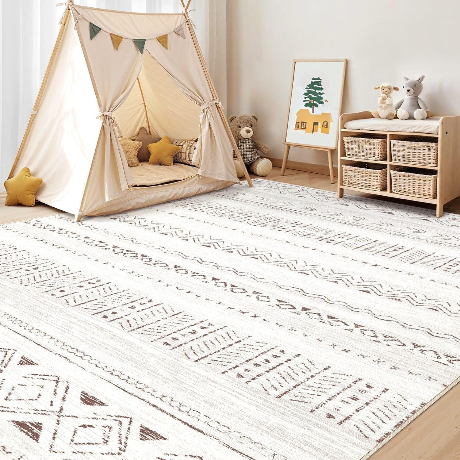 Luxurious 10x12 Living Room Area Rug - Soft, Washable Boho Moroccan Farmhouse Design - Non-Slip Light Brown Indoor Carpet for Bedroom & Home Office Decor