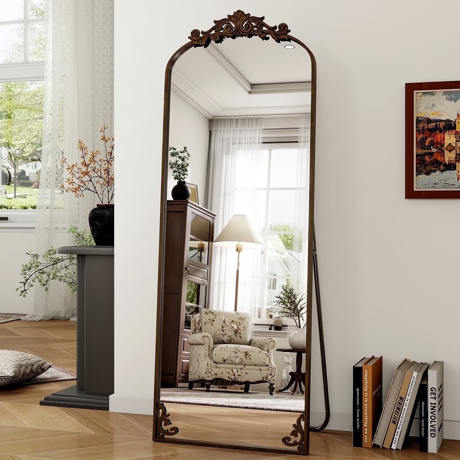 Stunning 66"X21" Arched Full Length Vintage Mirror - Antique Bronze Baroque Style
