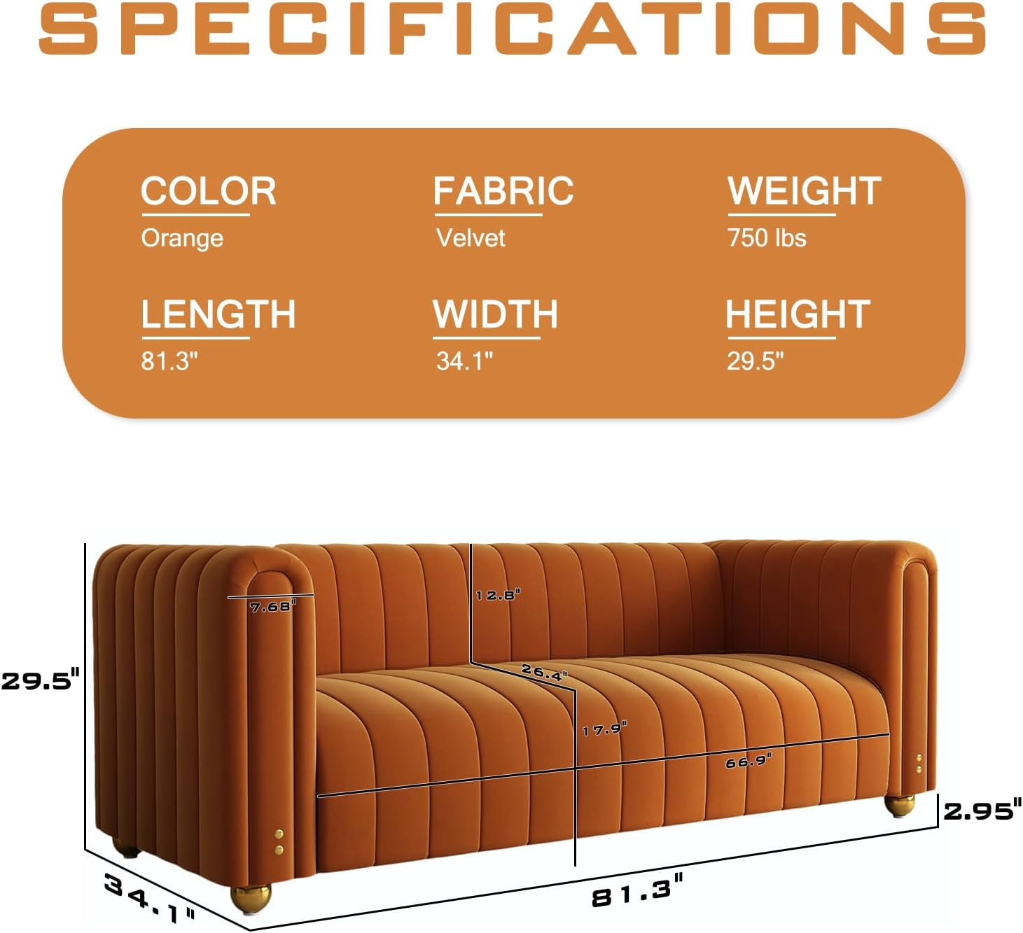 Luxurious 81" Mid Century Modern Orange Velvet Sofa - Comfy 3-Seat Loveseat with Gold Metal Legs for Living Room & Office