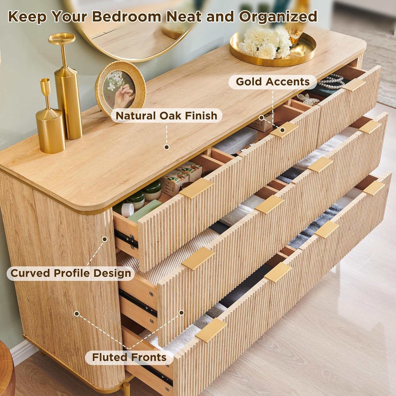 Elegant 7-Drawer Dresser with Fluted Design and Gold Accents in Natural Oak