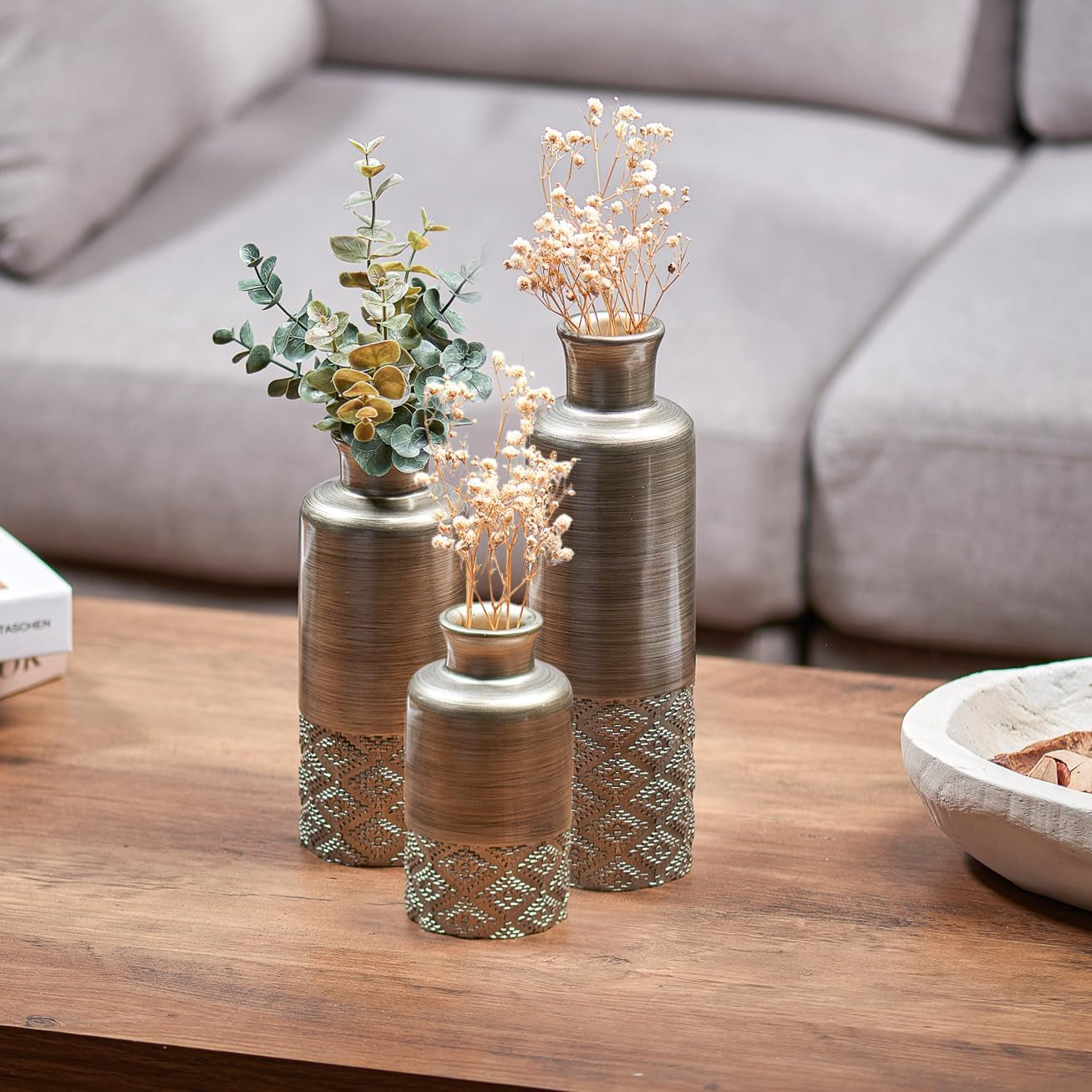 Dublin Silver Vase Set - Three Decorative Flower Vases for Farmhouse and Premium Décor, Ideal for Centerpieces in Kitchen, Bedroom, Office, and Living Room