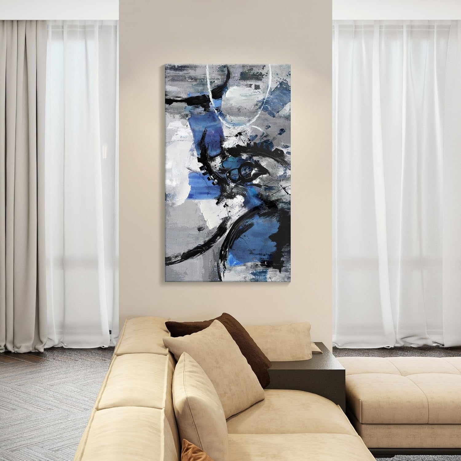 Large Abstract Canvas Wall Art for Living Room, Bedroom, and Office Decor - Framed Modern Blue and Black Artwork
