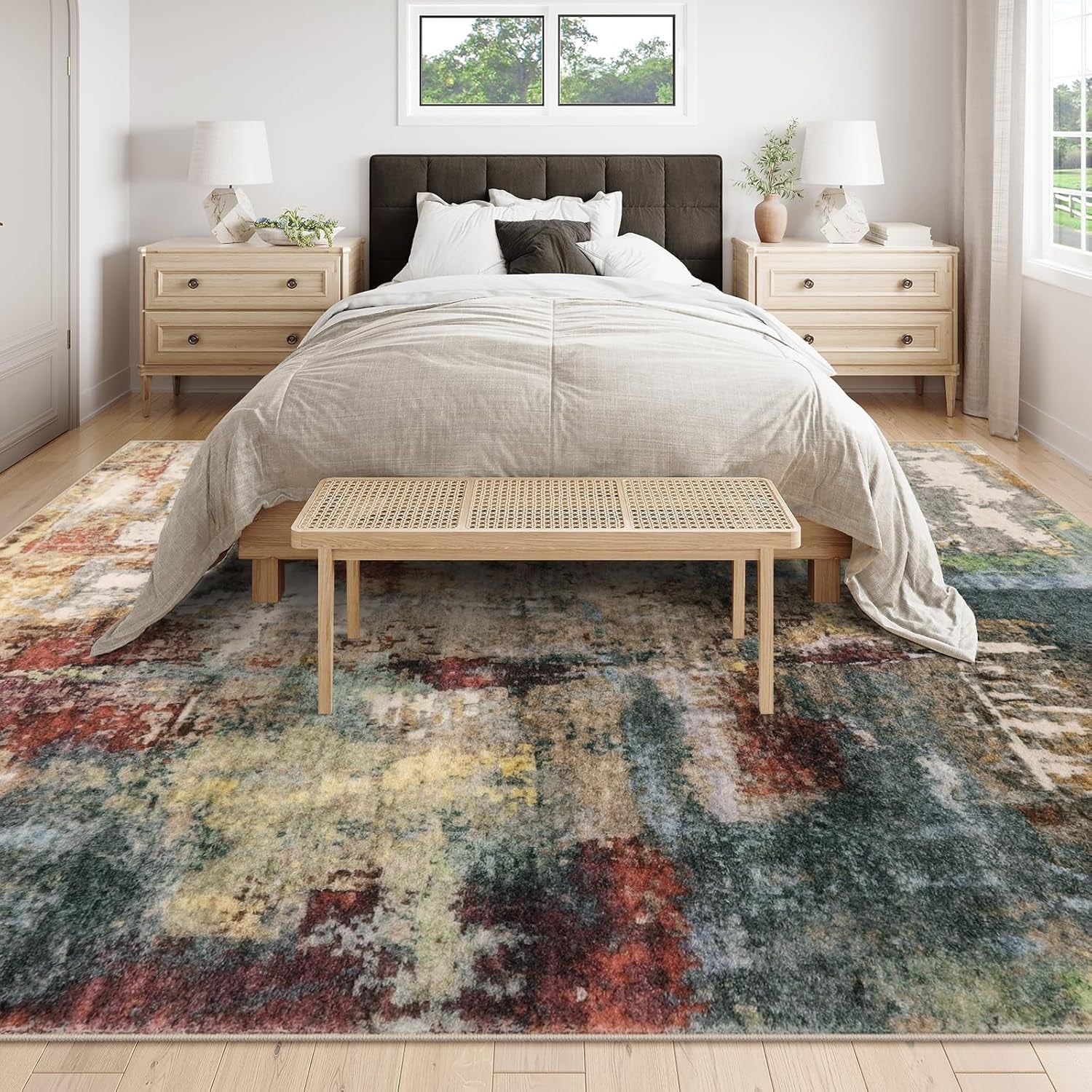 Contemporary Abstract 10x14 Area Rug for Living Room - Large Washable Low Pile Non-Slip Soft Accent Carpet for Bedroom and Dining Room Décor in Red/Multi