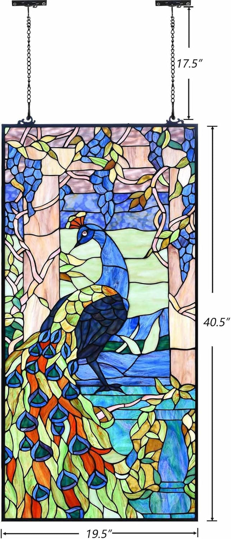 Stunning Peacock in Garden Tiffany Style Stained Glass Window Panel - Elegant Home Decor (Blue, 19.5"Wx40.5"H)