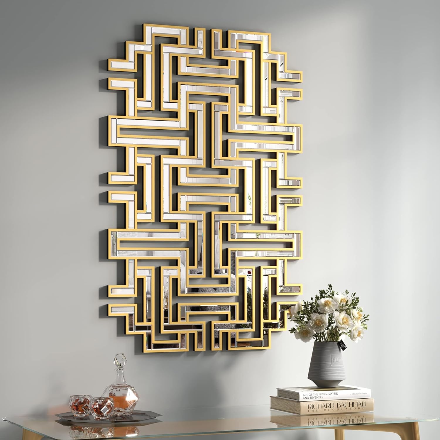 Stunning 46.5"X30" Large Gold Geometric Maze Wall Mirror - Perfect Decorative Accent for Living Room, Entryway, and Hallway