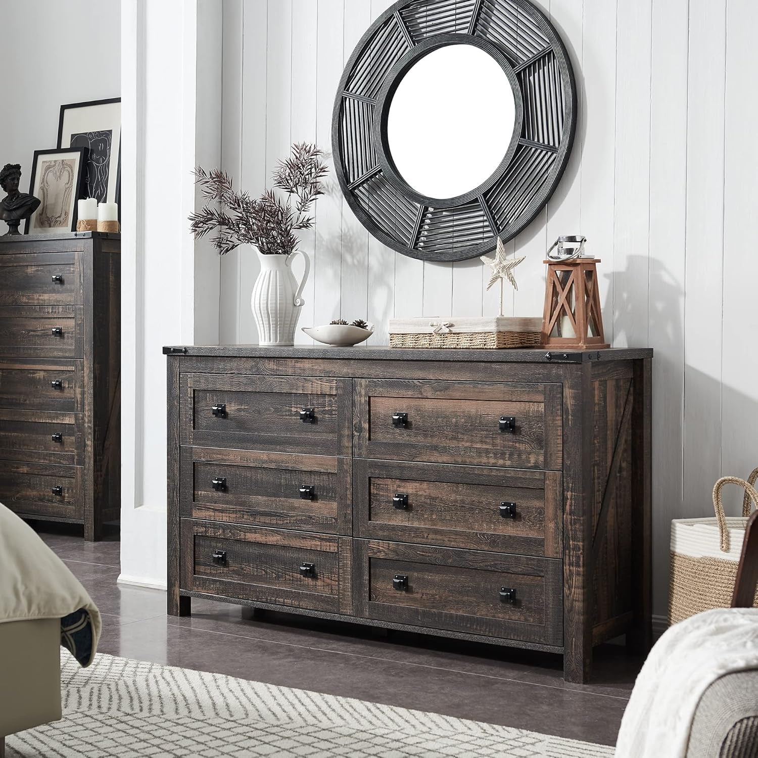 Stylish Rustic Oak 6-Drawer Farmhouse Dresser - Versatile Storage Solution for Bedroom, Living Room, or Hallway