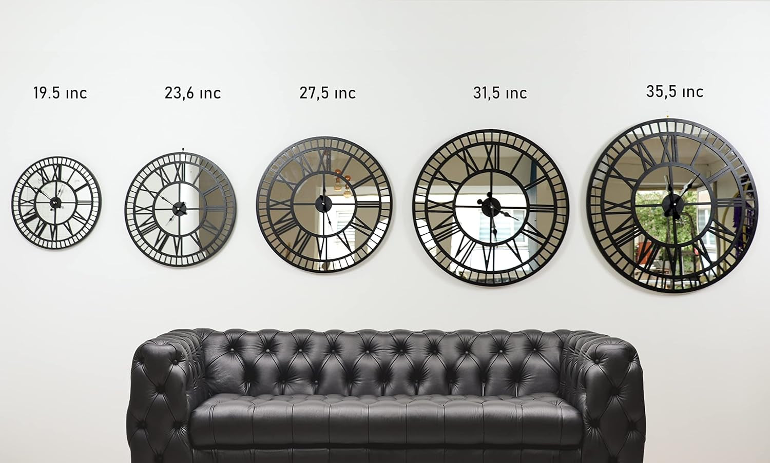 Stylish Black Large Mirror Wall Clock - Modern Silent Non-Ticking Design, 35.5 Inches, Battery Operated Home Decor, Weighs 31 lbs
