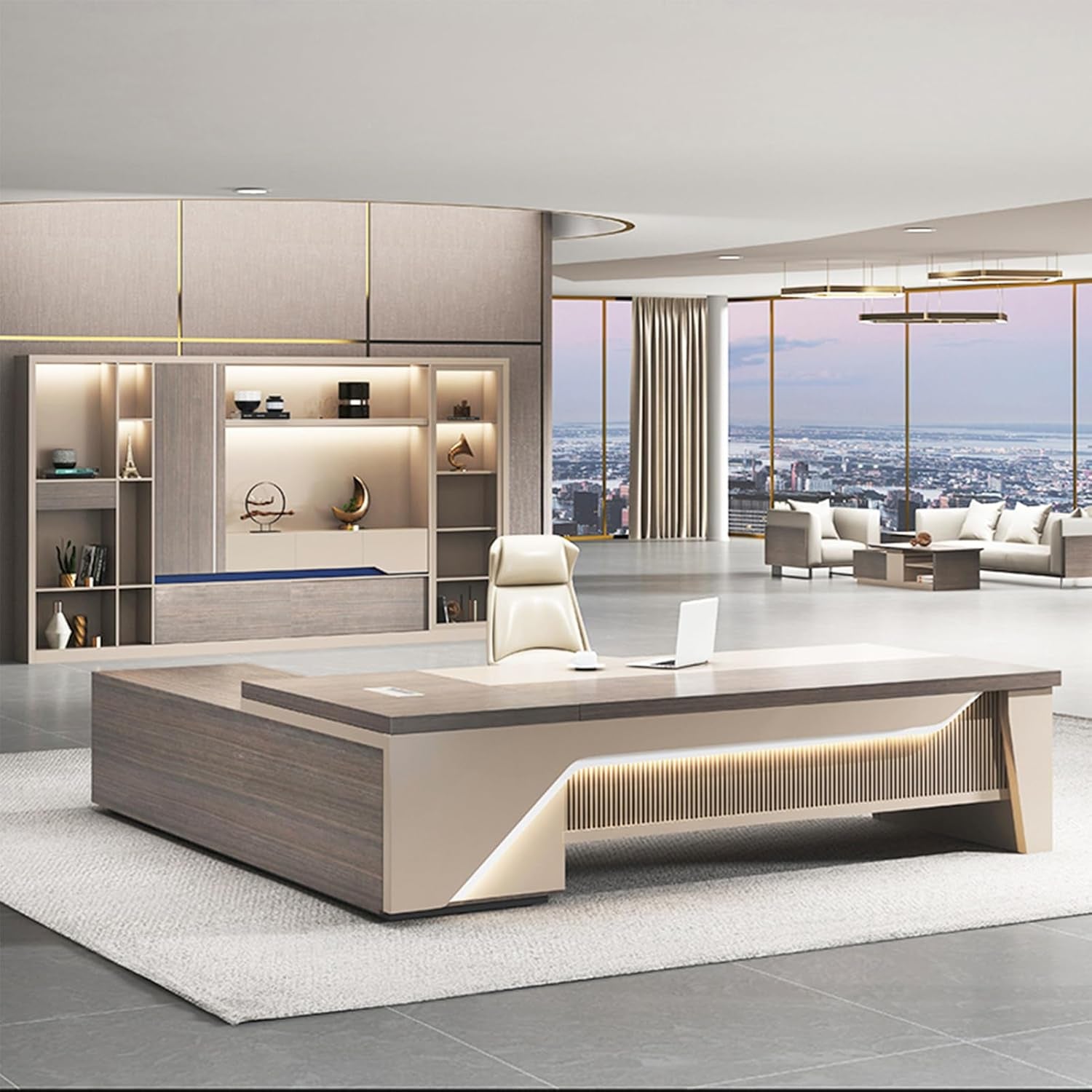 Sleek 94-Inch Modern L-Shaped Executive Office Desk with Lateral Cabinet and Light Strip - Perfect Workstation for Office, Study, and Gaming