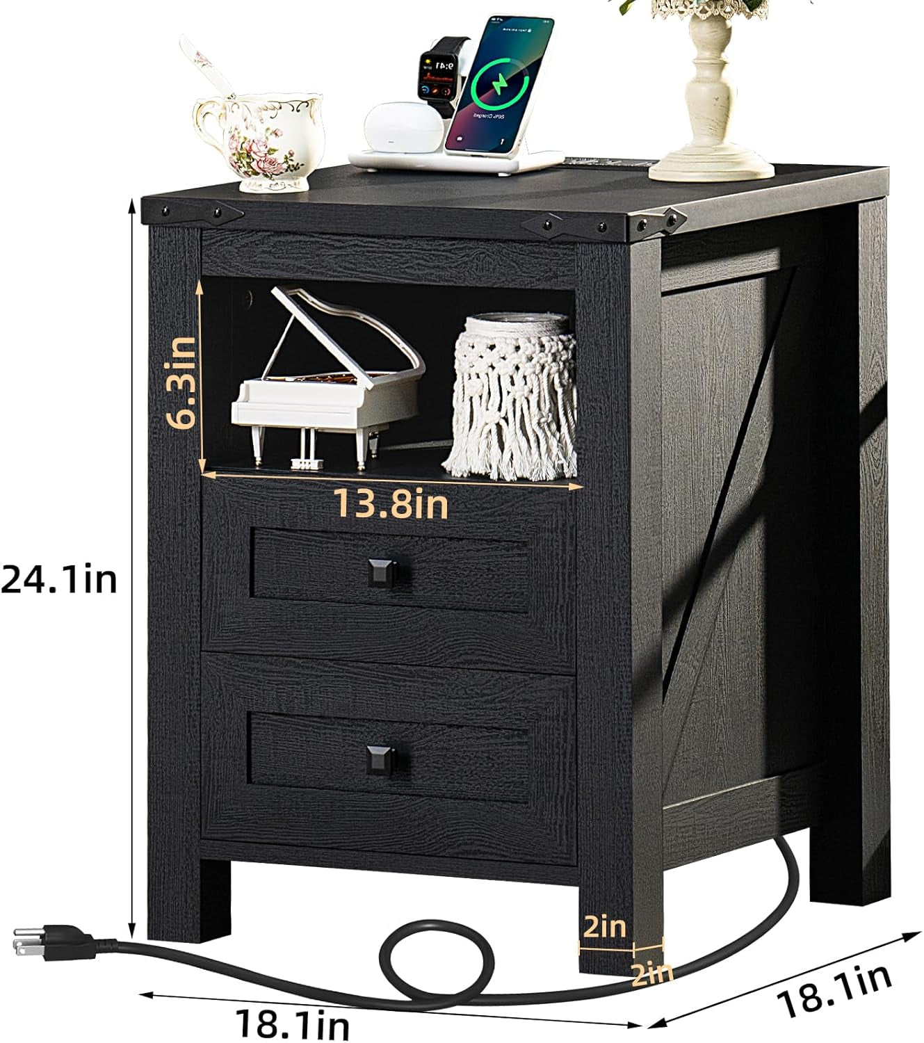 Chic Farmhouse Bedroom & Living Room Furniture Set: 58” Dresser with 6 Drawers & Set of 2 Night Stands with Charging Stations