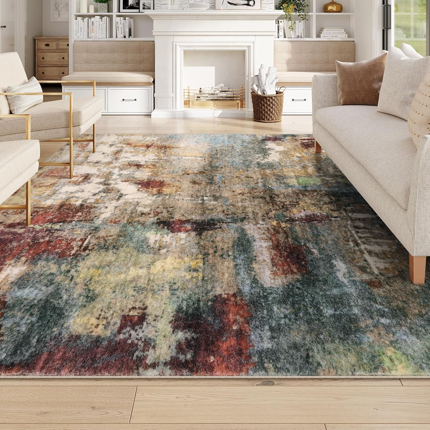 Contemporary Abstract 10x14 Area Rug for Living Room - Large Washable Low Pile Non-Slip Soft Accent Carpet for Bedroom and Dining Room Décor in Red/Multi