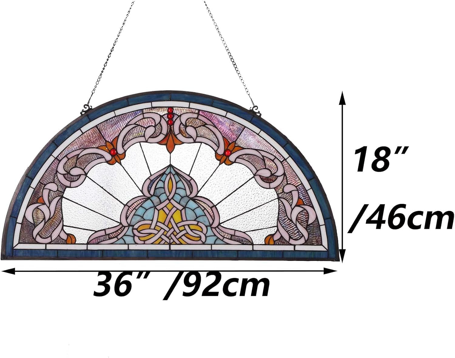 Lady Astor Demi-Lune Half-Round Stained Glass Window Panel for Home Décor, 36" W x 18" H, Tiffany Style, W10035