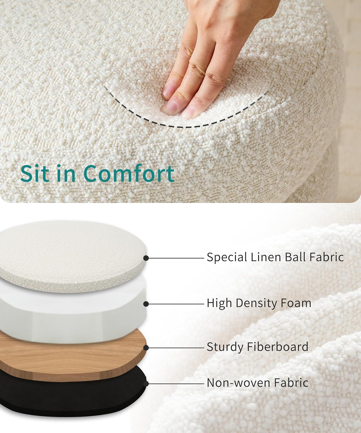 Set of 2 Modern White Round Storage Ottomans – Stylish Upholstered Foot Stools for Living Room, Dorm or Home Decor
