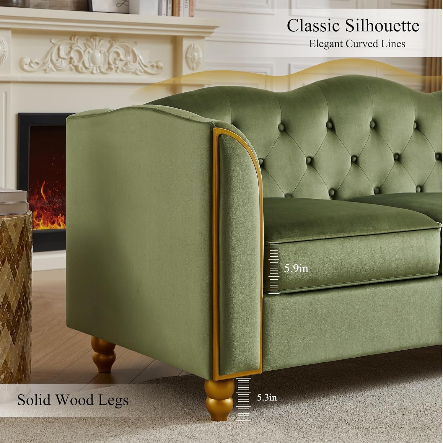 Luxurious 78" Velvet Green Sofa Couch - Modern 3-Seater with Button Tufting, Gold Trim, and Solid Wood Legs for Living Room or Apartment