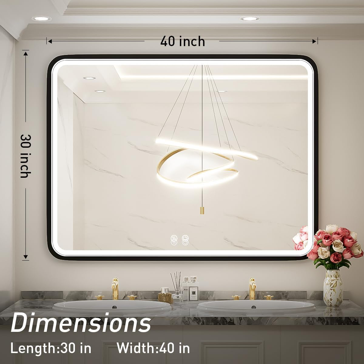 40x30 Inch Black LED Vanity Mirror with Metal Frame, Anti-Fog, Dimmable Touch Control, Wall-Mounted for Horizontal/Vertical Display, Ideal for Bathroom Decor
