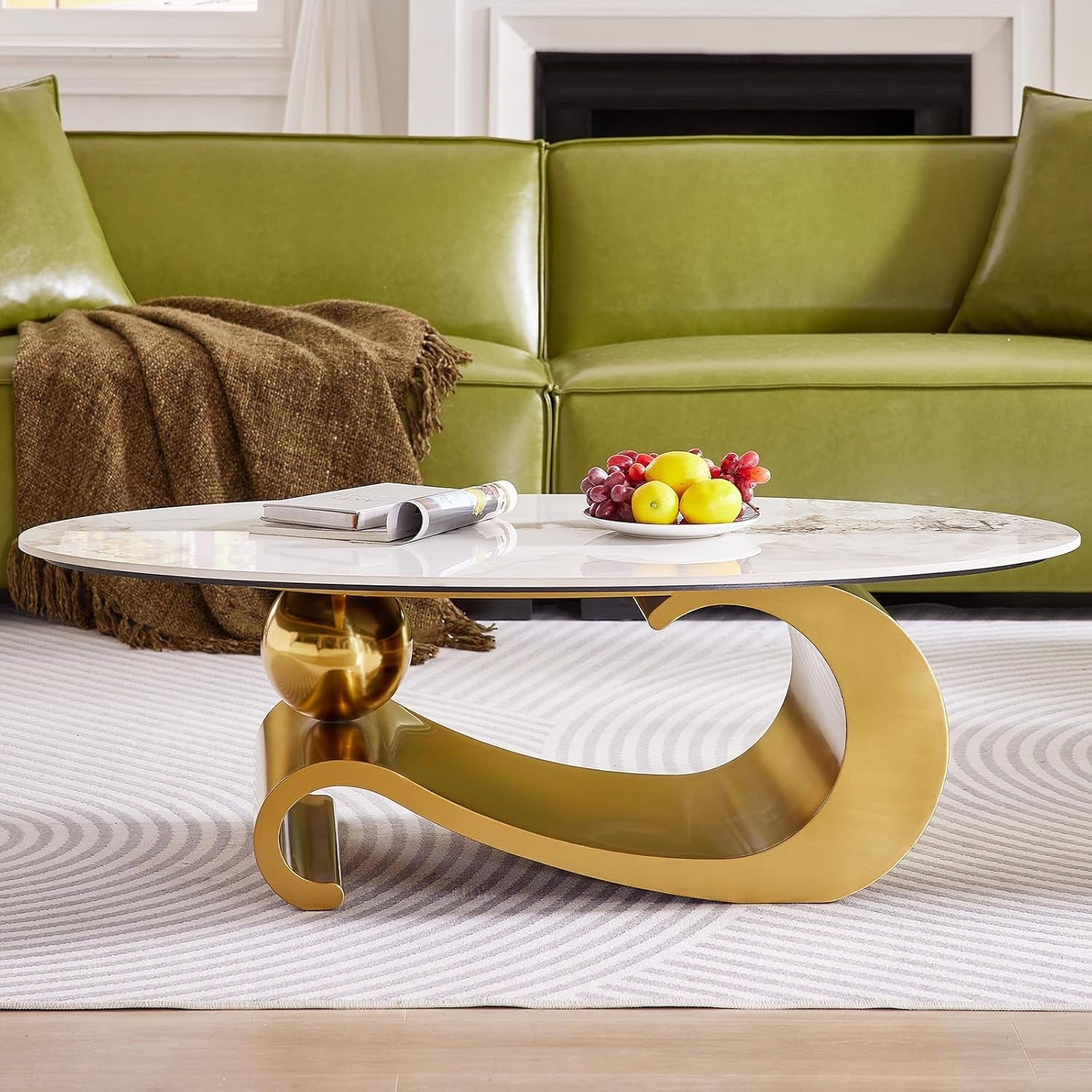 Elegant 49.2-Inch Oval Faux Marble Coffee Table with Gold Metal Base - Luxury Living Room Furniture, Scratch-Resistant & Easy to Assemble