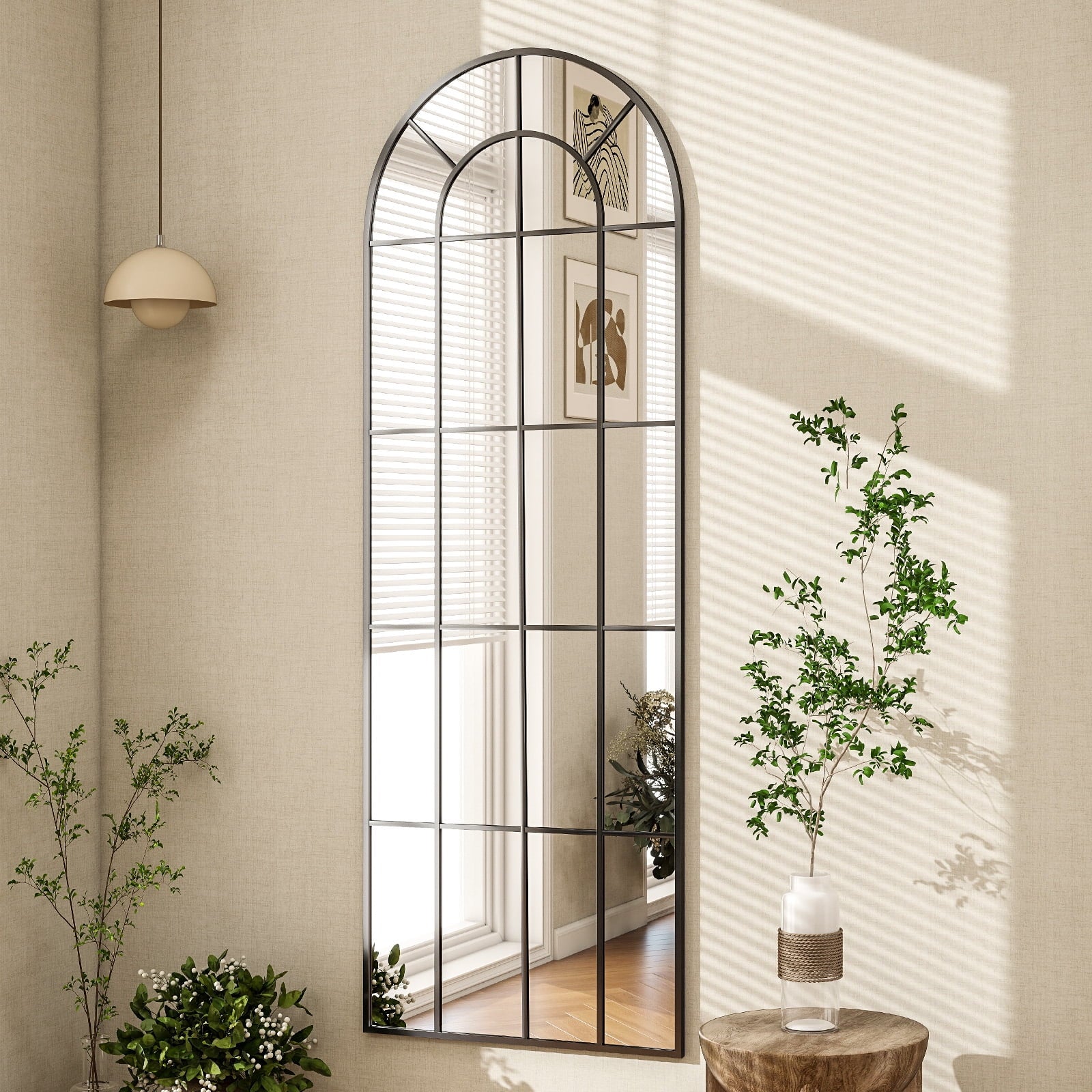 Stunning 65"x23" Arched Black Windowpane Full-Length Wall Mirror for Elegant Decor