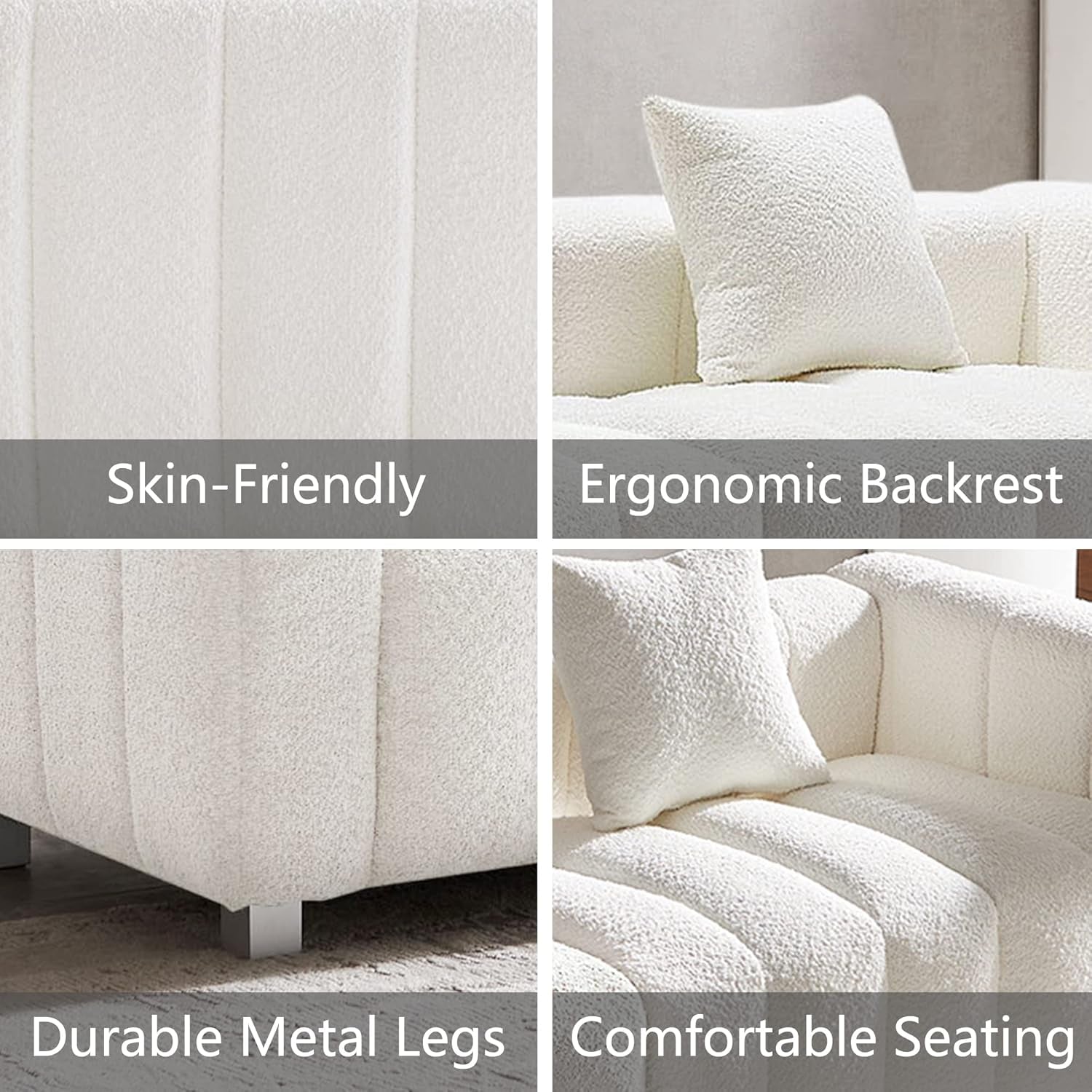 Stylish 87.4" Modern 3-Seater Boucle Sofa - Mid Century Fluffy Couch with Solid Wood Frame, 750 LBS Capacity - Perfect for Living Room, Bedroom, or Apartment (White)