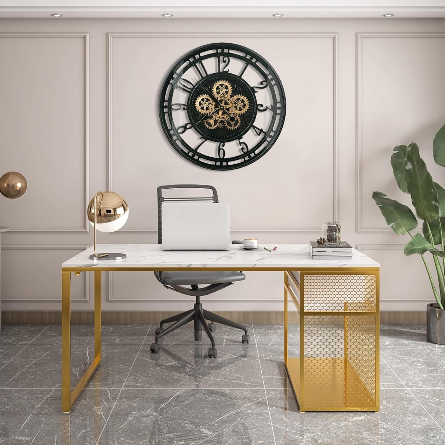 Large Industrial Steampunk Metal Wall Clock - 27.6 Inch Black Gold Rustic Decor for Living Room, Farmhouse & Office