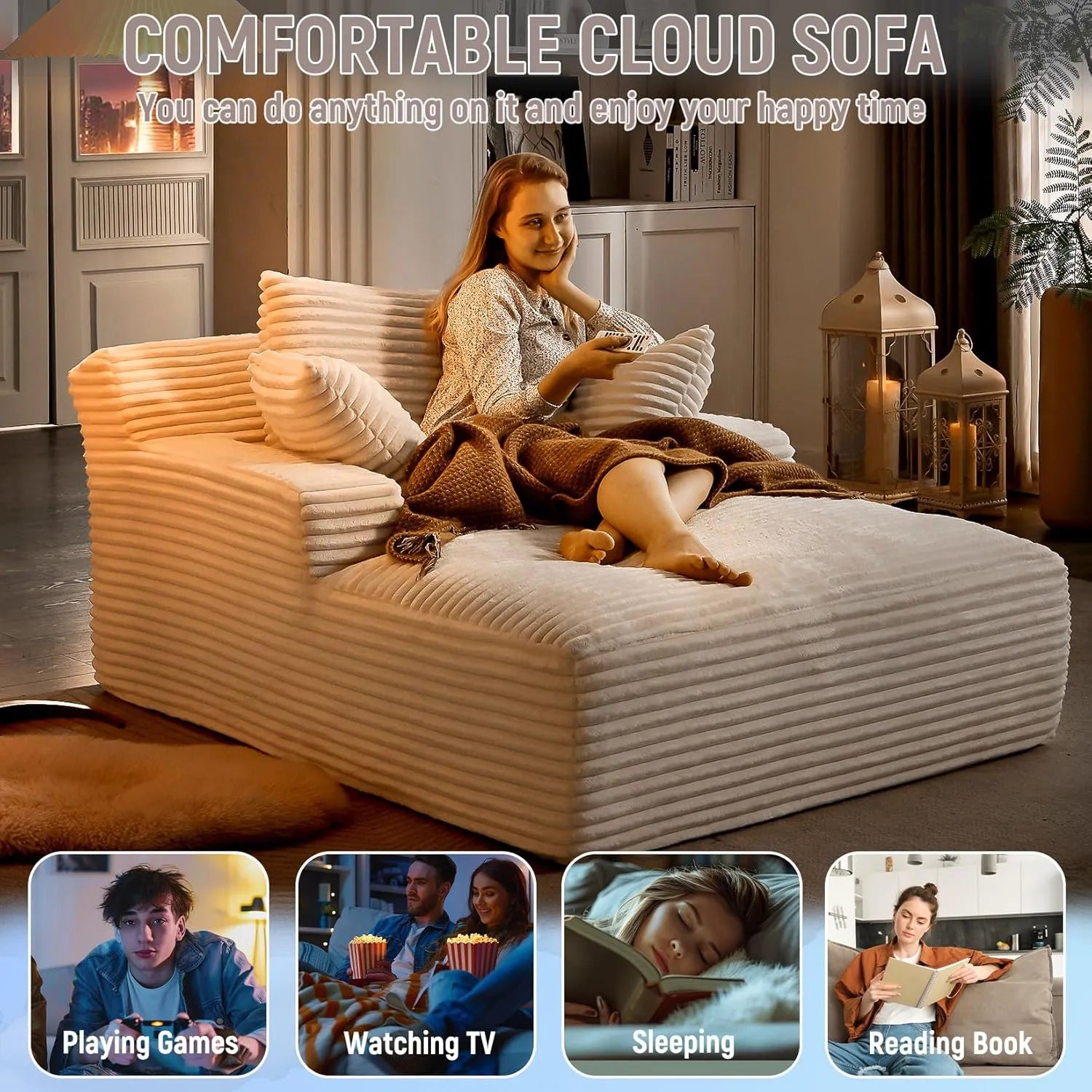 Luxurious Oversized Corduroy Chaise Lounge Chair with 3 Plush Pillows - Comfy Sleeper Sofa & Recliner for Ultimate Relaxation
