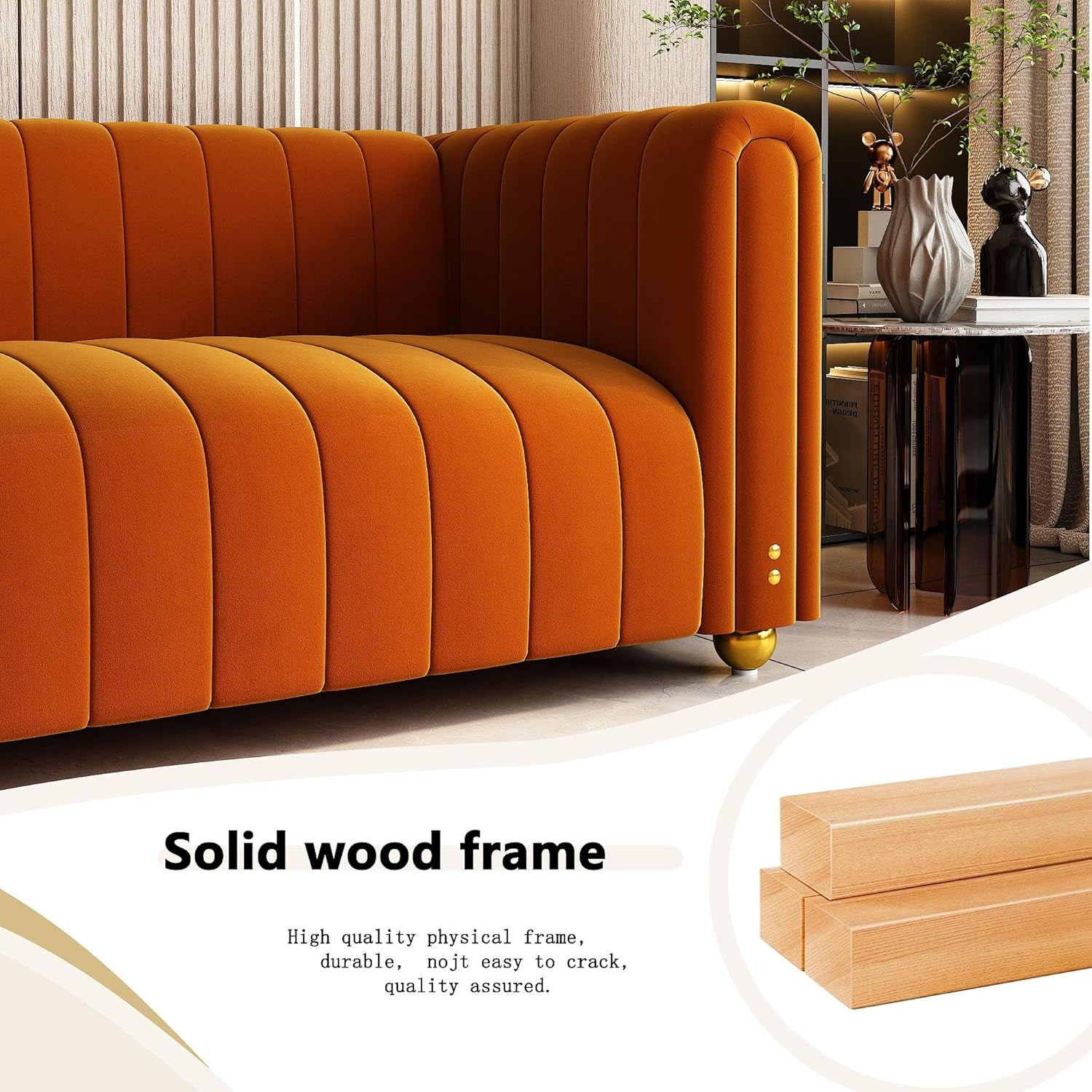 Luxurious 81" Mid Century Modern Orange Velvet Sofa - Comfy 3-Seat Loveseat with Gold Metal Legs for Living Room & Office