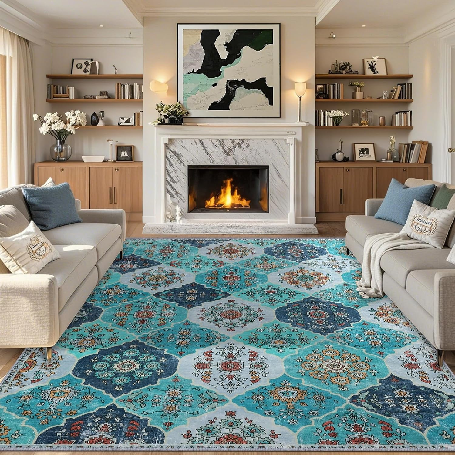 Large Washable Bohemian Area Rug - Moroccan Trellis Design, Soft Non-Slip Carpet for Living Room, Dining Room, Home Office, and Farmhouse Decor in Teal Blue