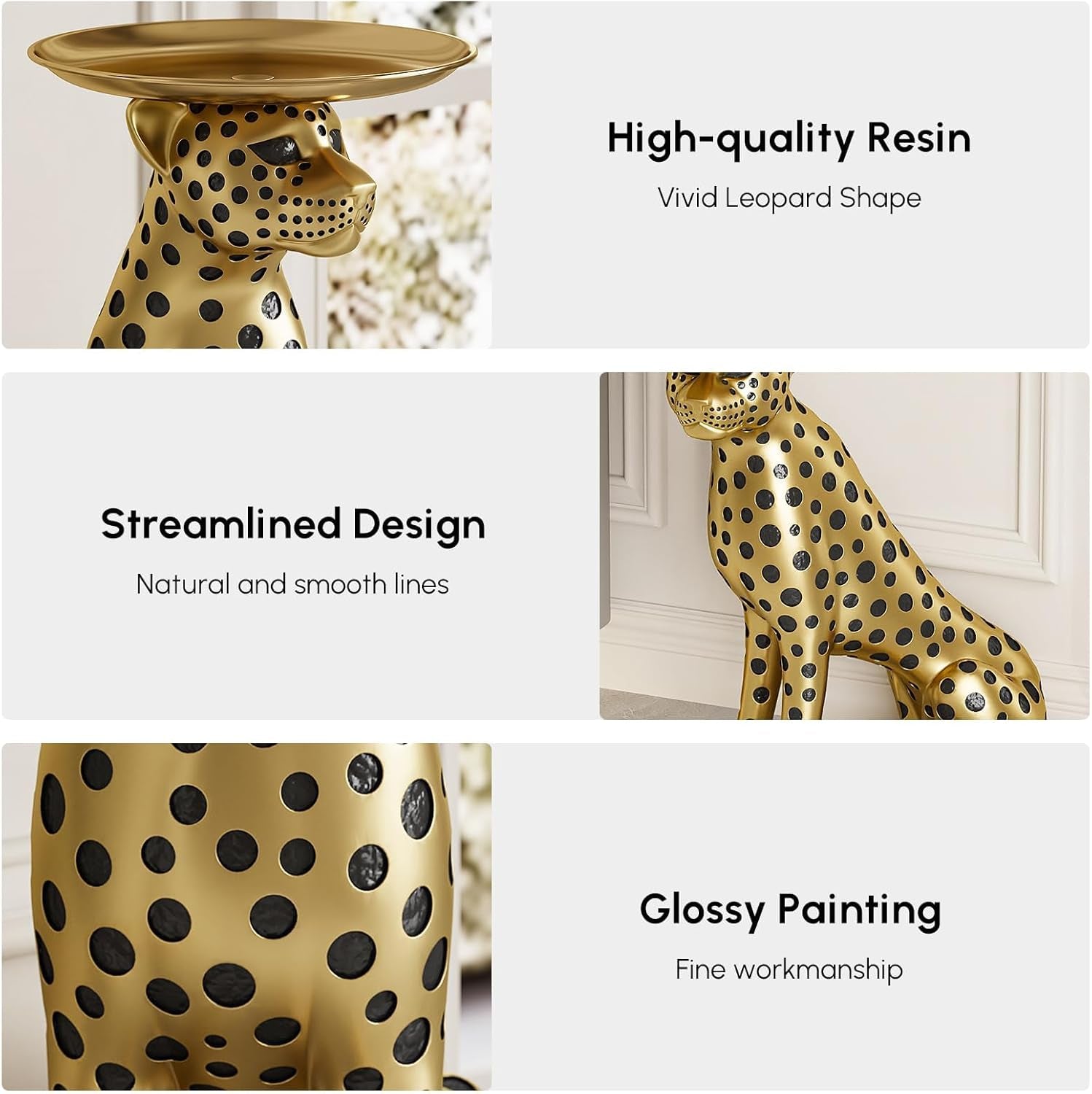 Elegant Animal-Themed Side Table with Tray Top – Gold Leopard Statue Panther Figurine End Table Decor for Home and Gifting