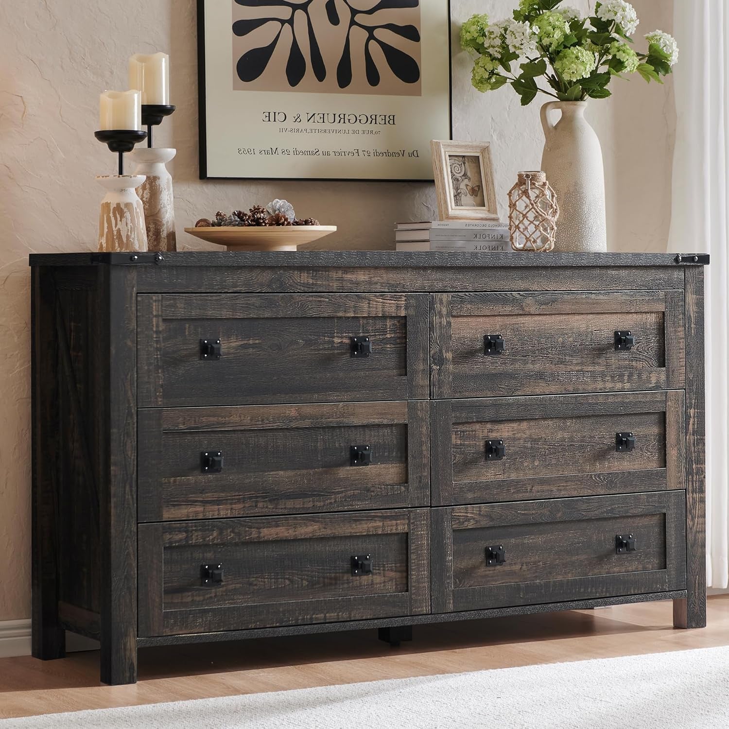 Stylish Rustic Oak 6-Drawer Farmhouse Dresser - Versatile Storage Solution for Bedroom, Living Room, or Hallway