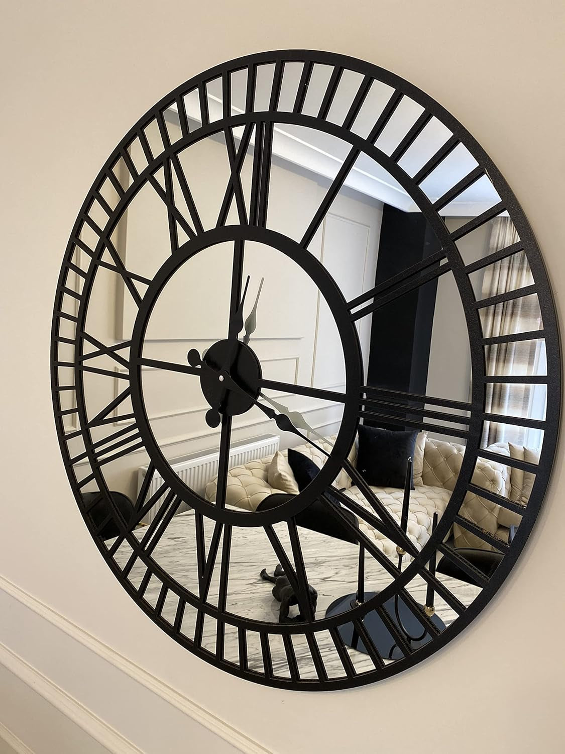 Stylish Black Large Mirror Wall Clock - Modern Silent Non-Ticking Design, 35.5 Inches, Battery Operated Home Decor, Weighs 31 lbs