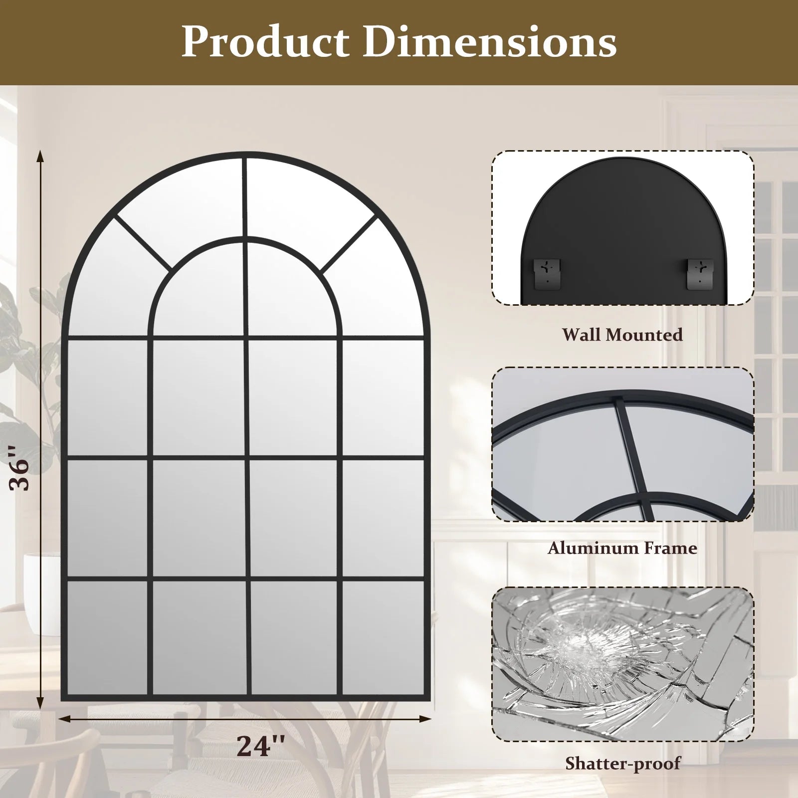 Elegant 36" X 24" Arched Black Windowpane Wall Mirror - Stylish Home Decor