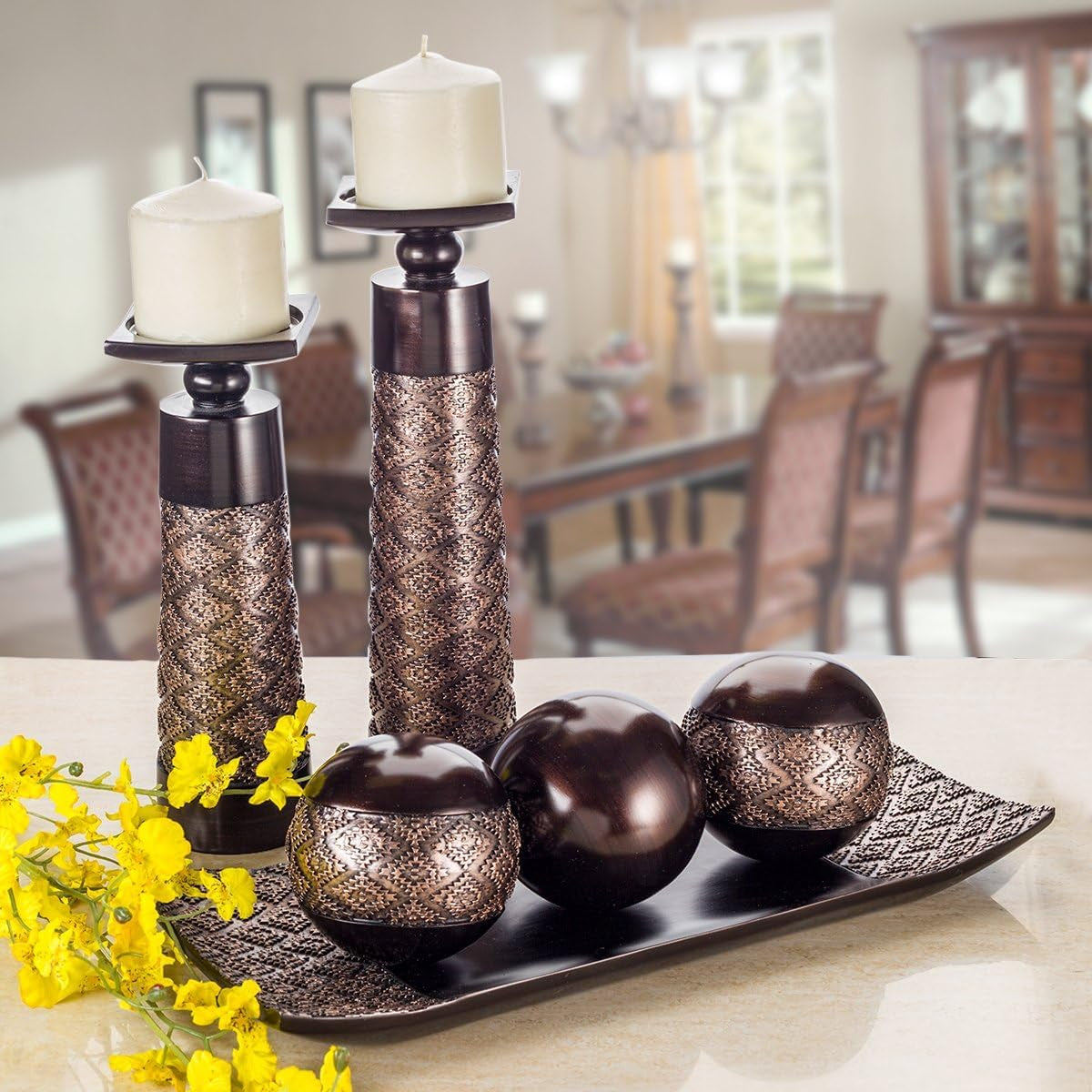 Dublin Brown Tray and Ball Set - Elegant Centerpiece for Living Room and Entryway Table Decor - Decorative Tray and Accent Bowl for Dining and Home Decoration