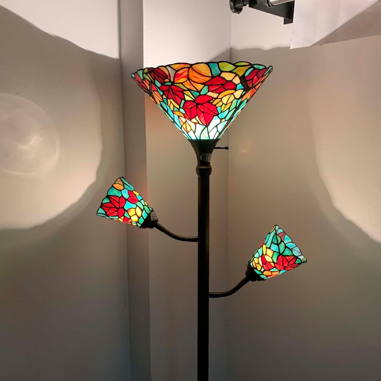 Maple Leaf Tiffany Style Stained Glass Torchiere Floor Lamp - 70-Inch Elegant Home Decor with Sidelights for Reading (Red)