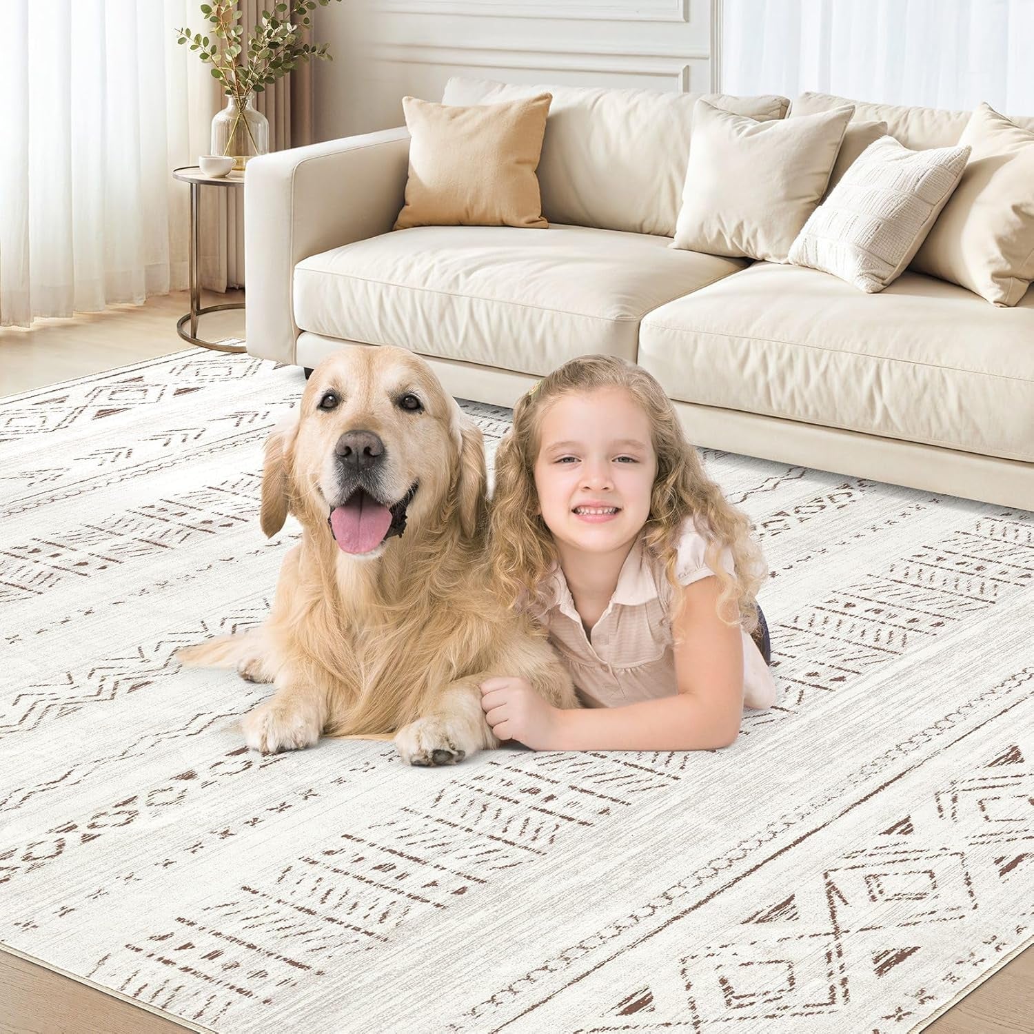 Luxurious 10x12 Living Room Area Rug - Soft, Washable Boho Moroccan Farmhouse Design - Non-Slip Light Brown Indoor Carpet for Bedroom & Home Office Decor