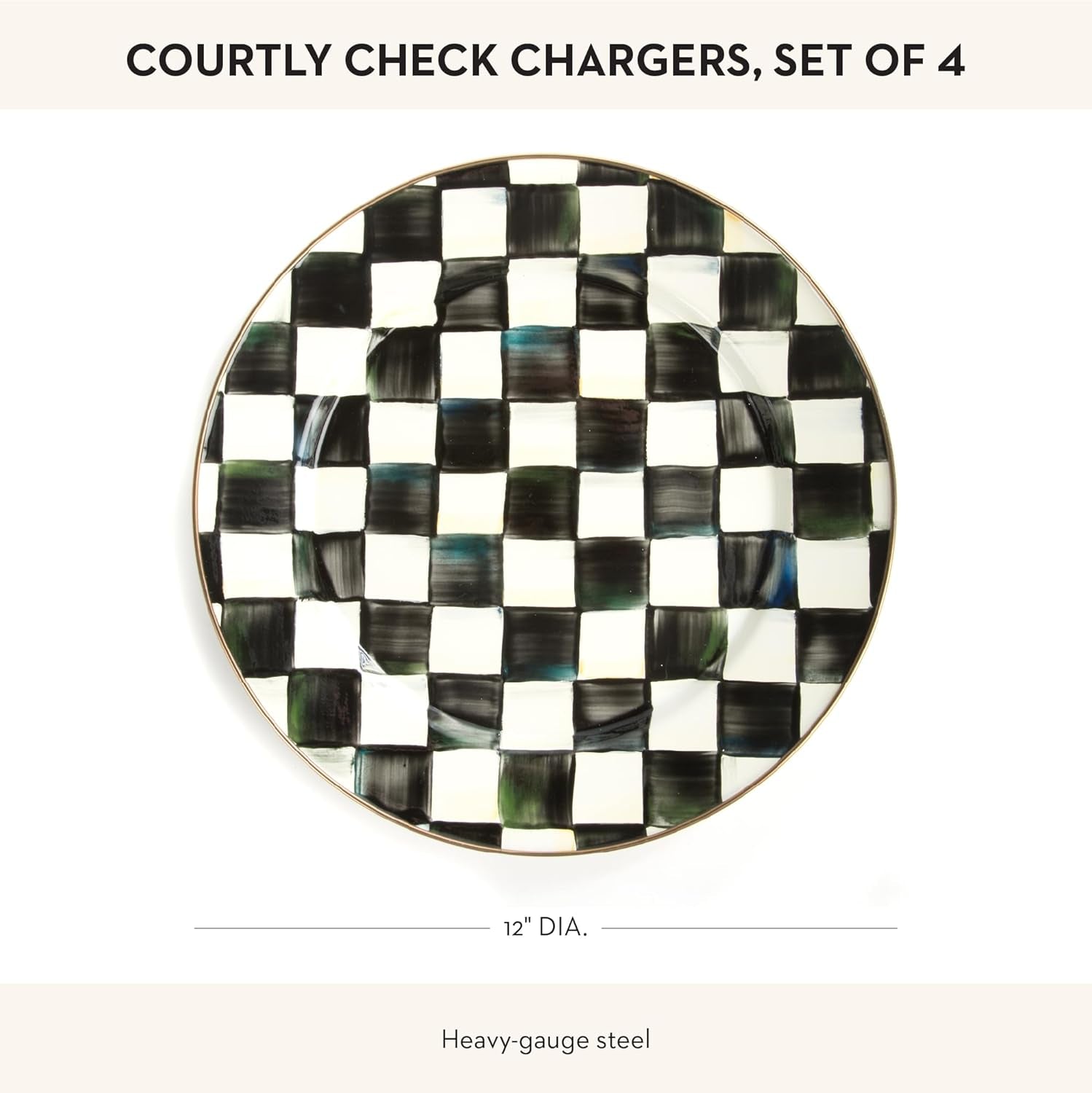 Elegant Black-and-White Courtly Check Enamel Charger Plates - Set of 4, 12 Inches - Perfect for Dinner Parties and Home Decor