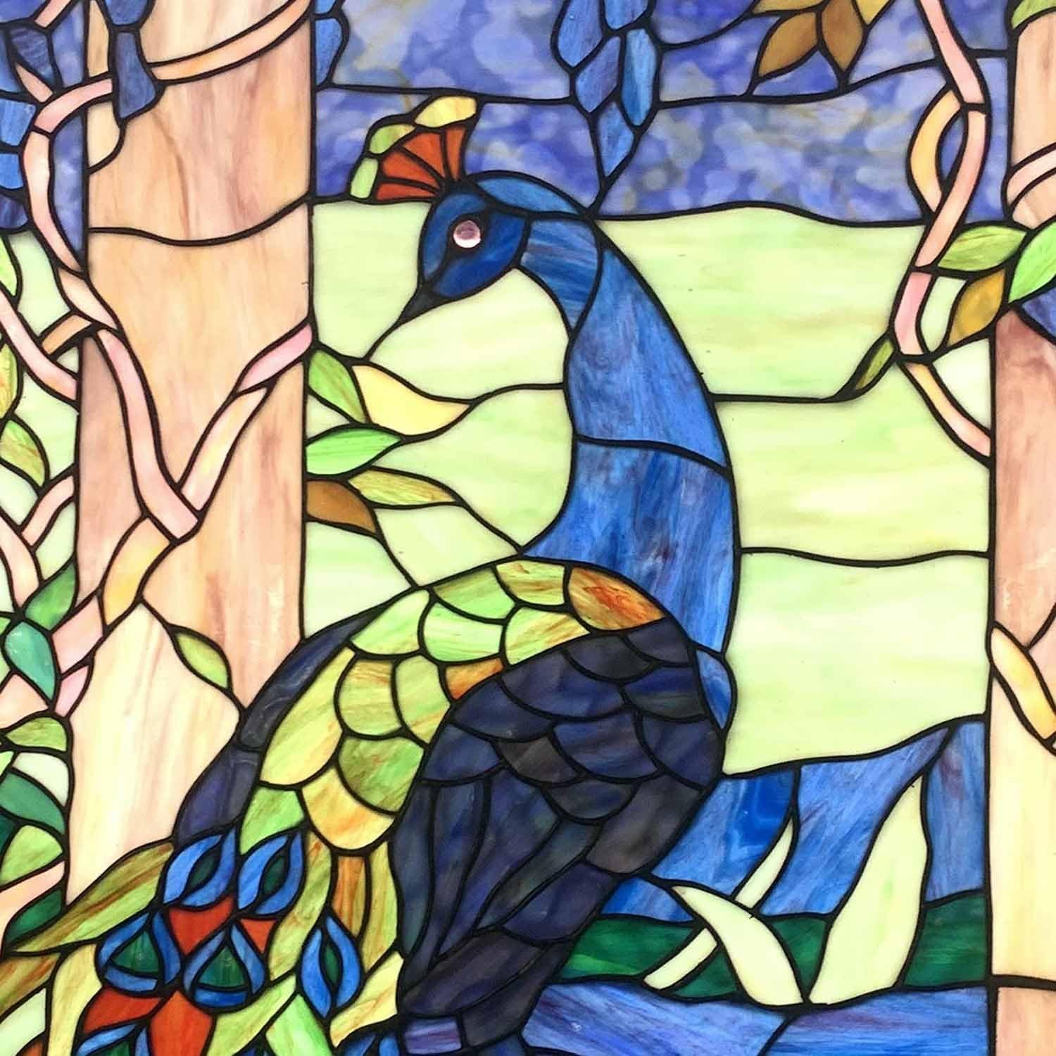 Stunning Peacock in Garden Tiffany Style Stained Glass Window Panel - Elegant Home Decor (Blue, 19.5"Wx40.5"H)