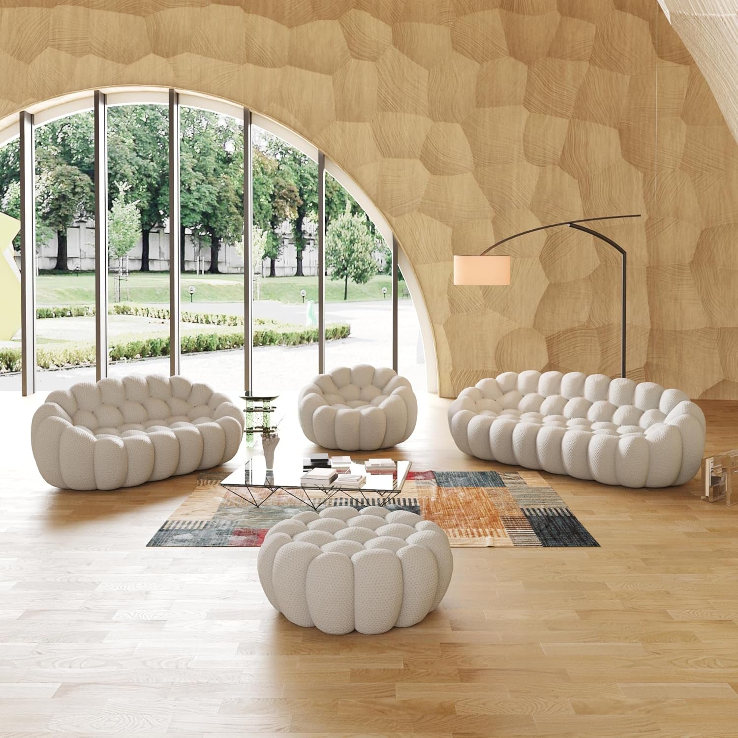 Modern Bubble Sofa Set - Curved Comfy Upholstered Couches in Light Grey for Stylish Living Rooms - 1 Seater, 2 Seater, 3 Seater & Ottoman Included